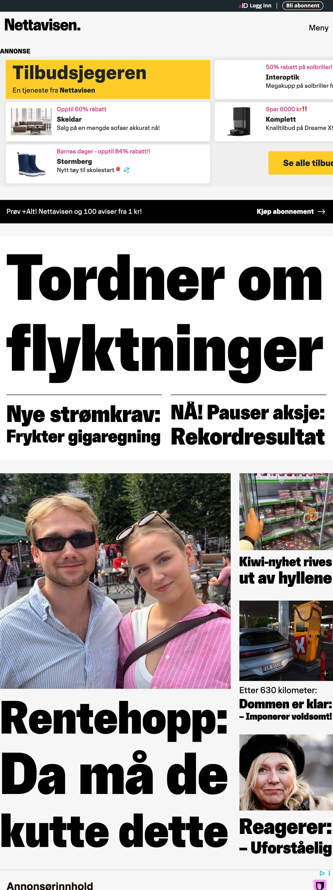 Screenshot of the Nettavisen front page
