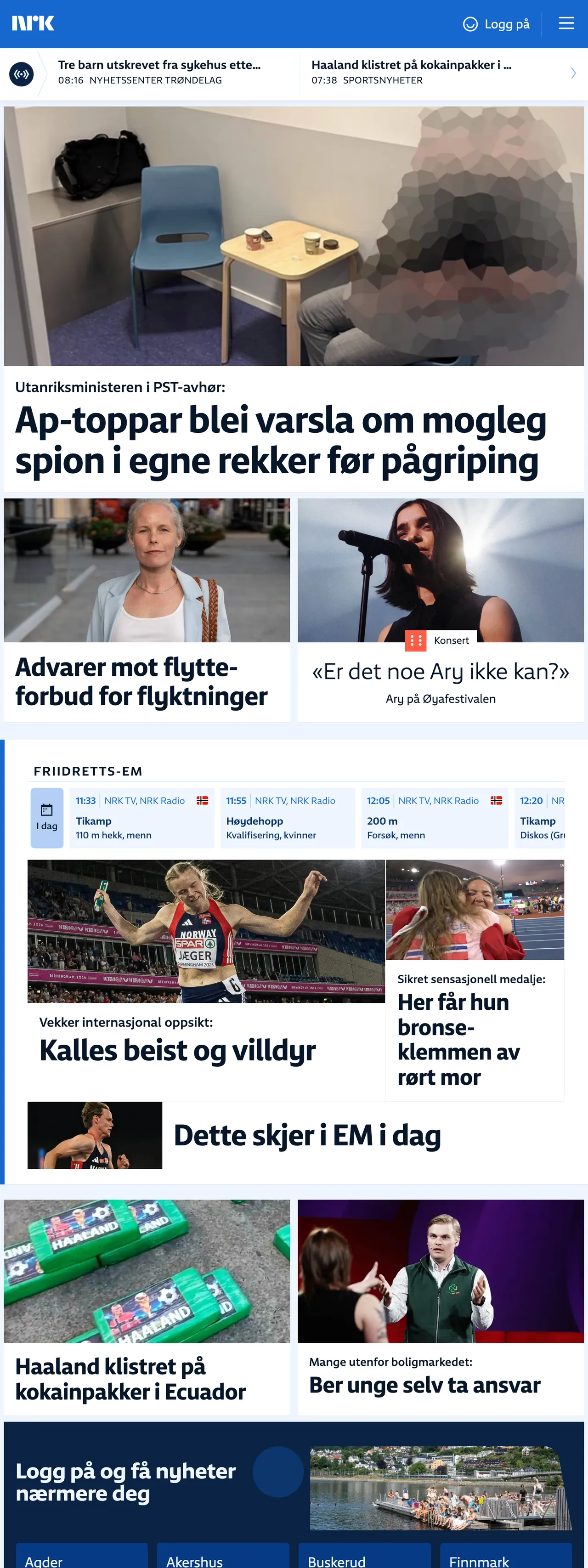 Screenshot of the NRK front page