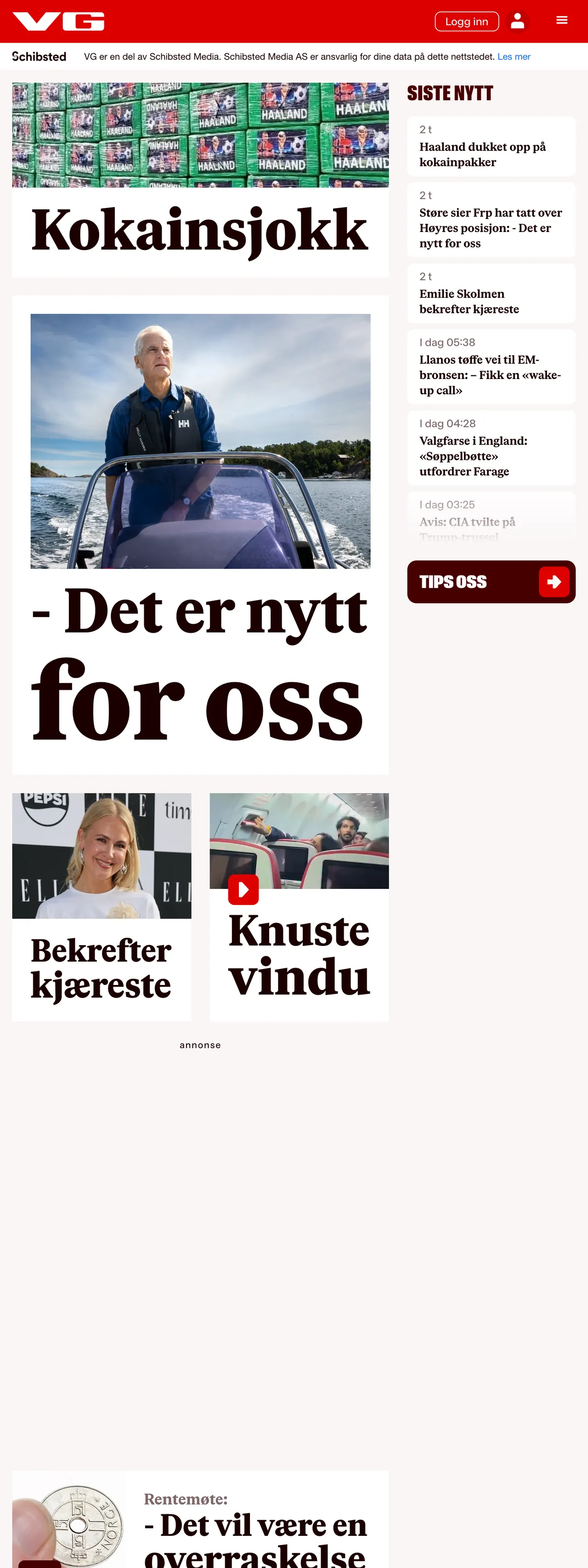Screenshot of the VG front page
