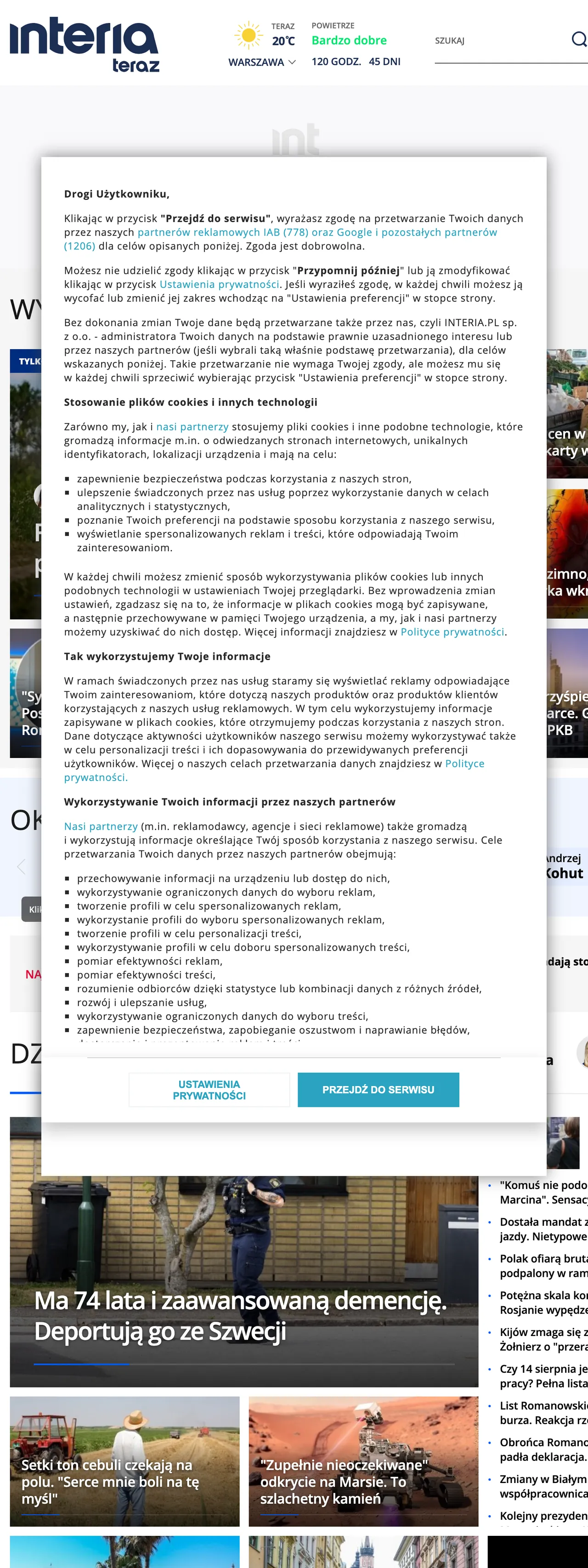 Screenshot of the Interia front page