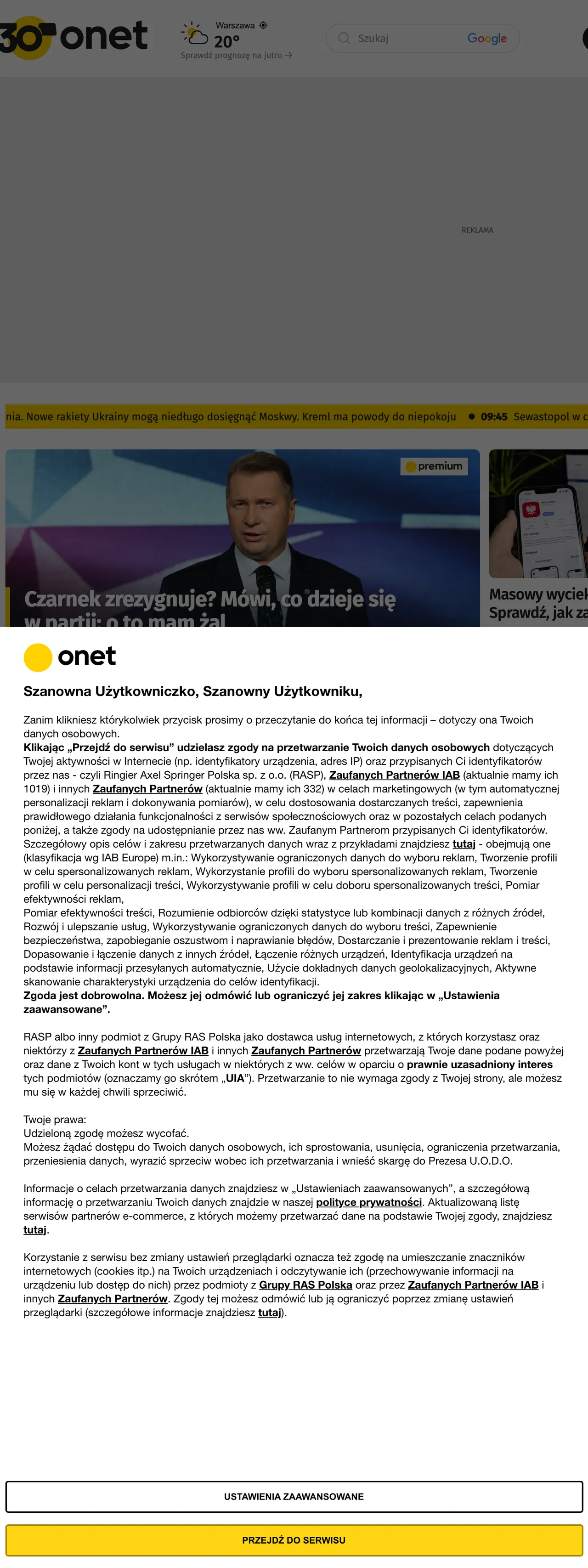 Screenshot of the Onet front page