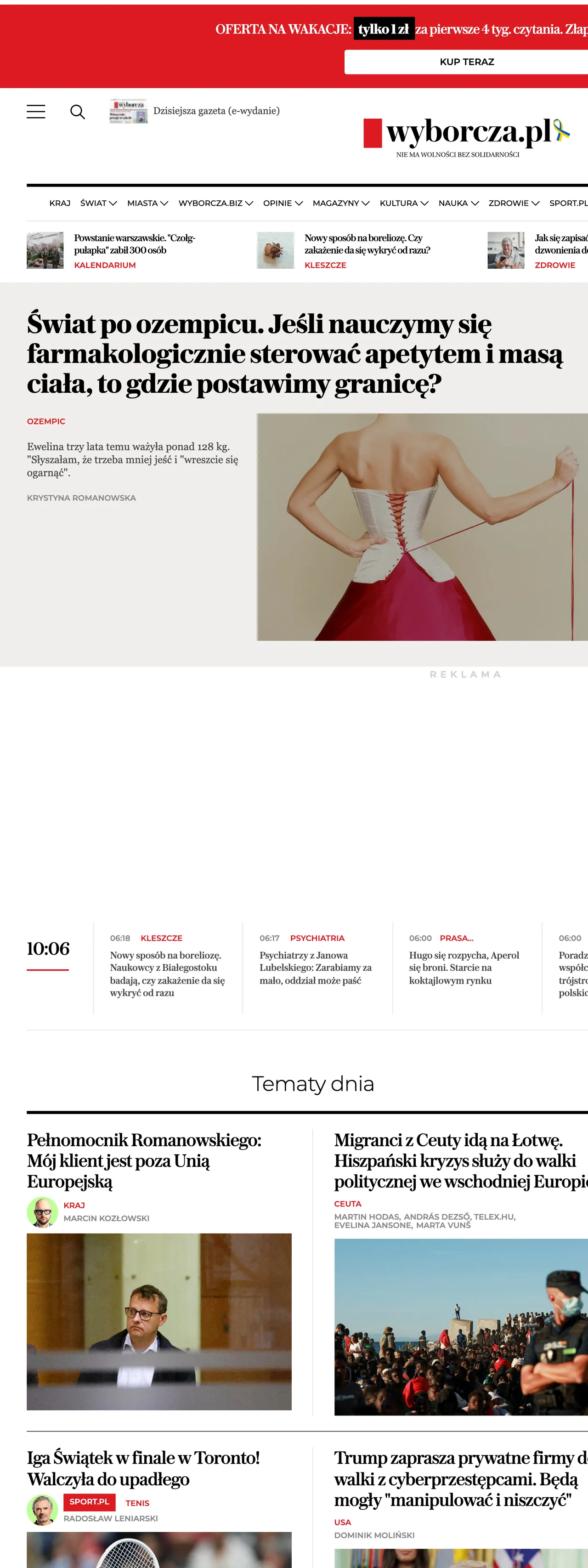 Screenshot of the Wyborcza front page