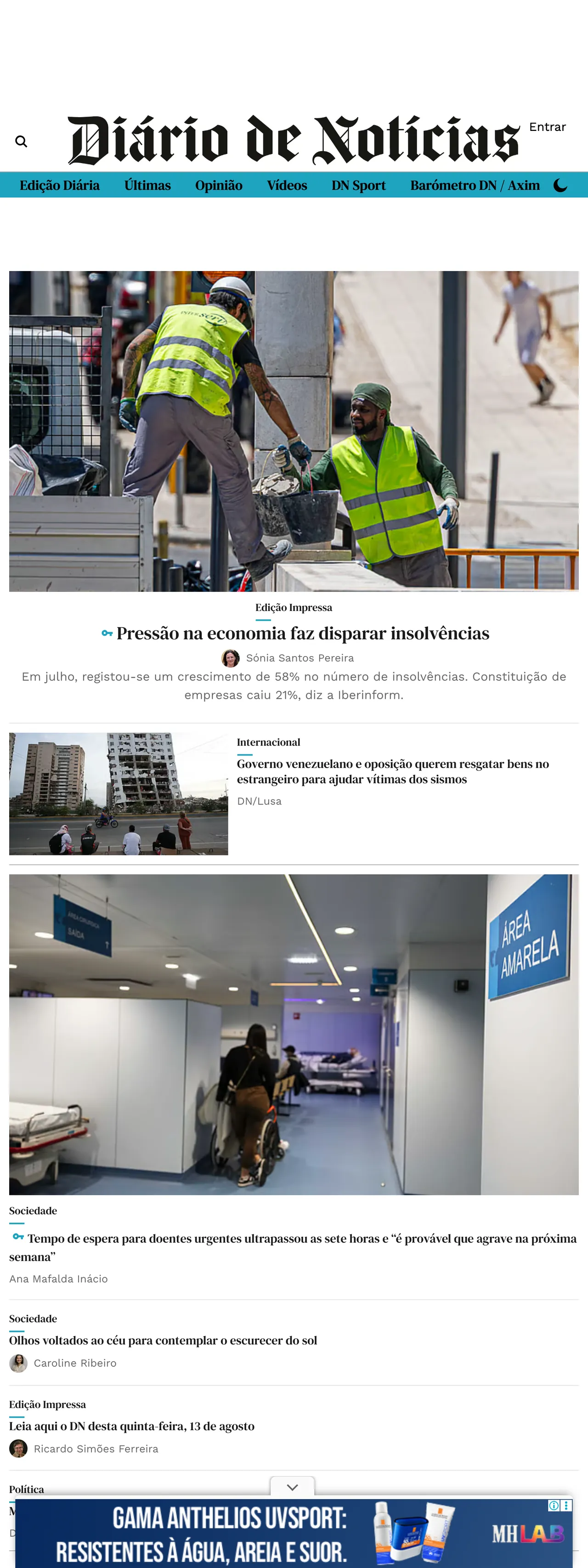 Screenshot of the Diário de Notícias front page