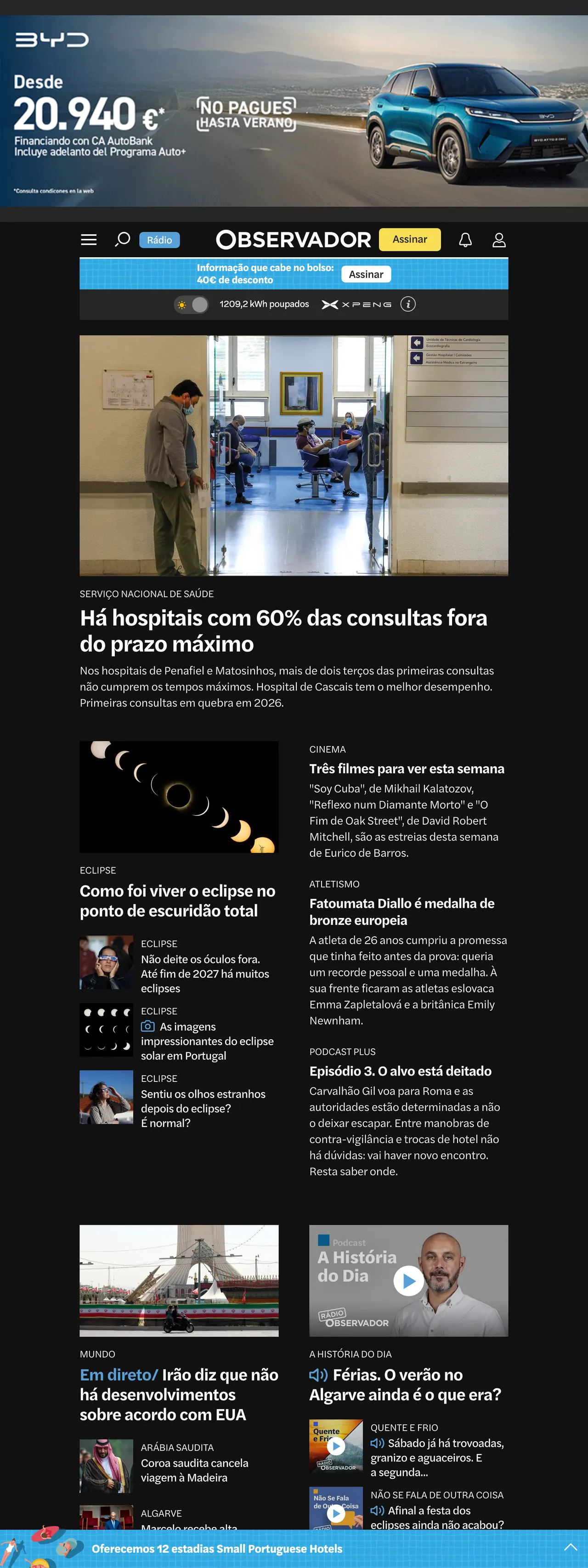 Screenshot of the Observador front page