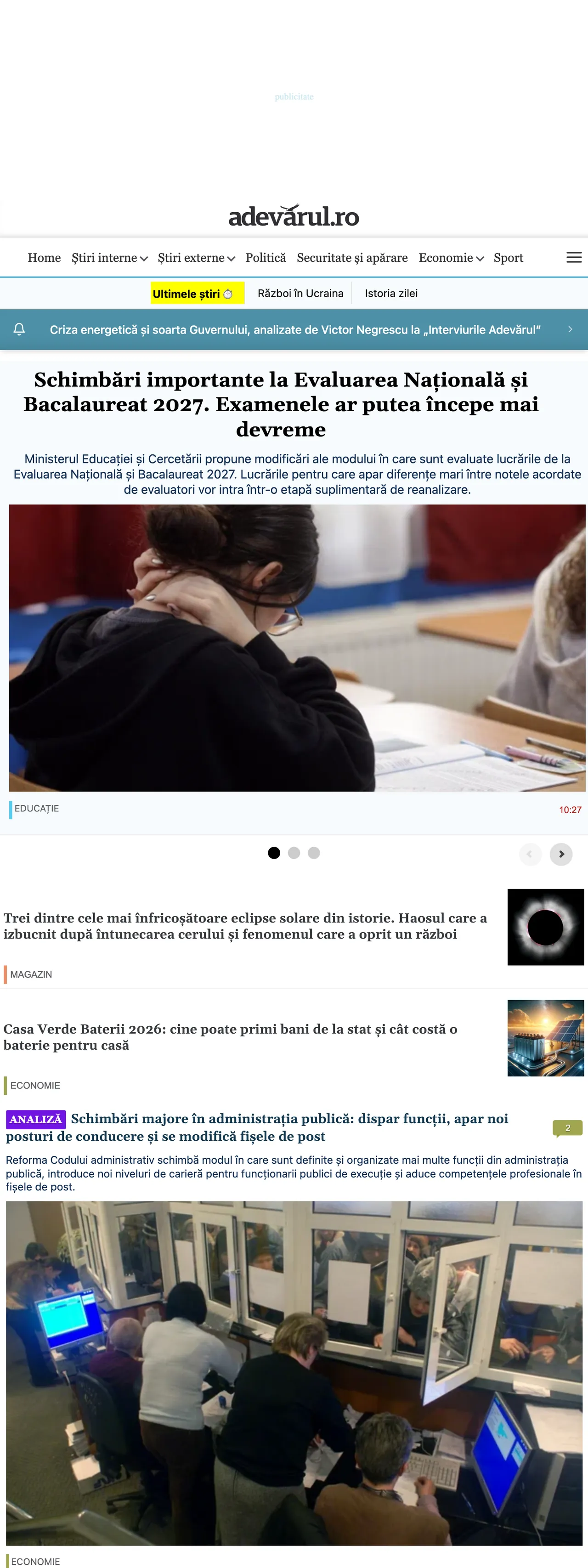 Screenshot of the Adevărul front page