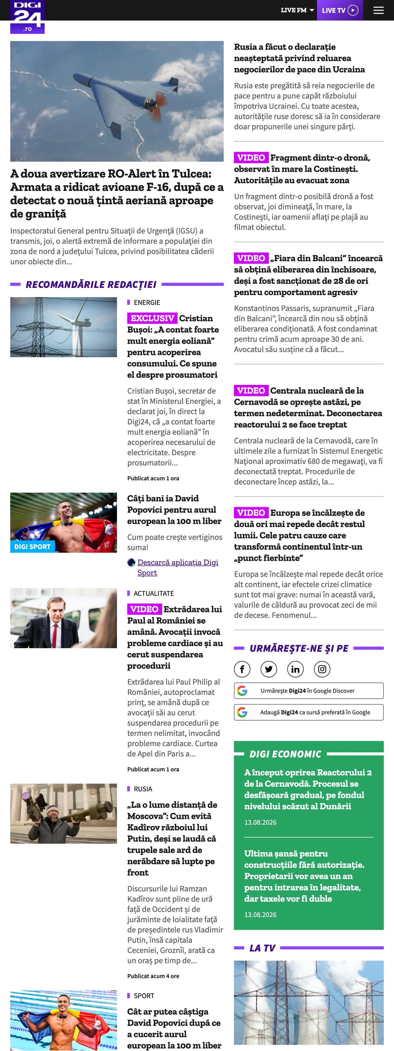 Screenshot of the Digi24 front page