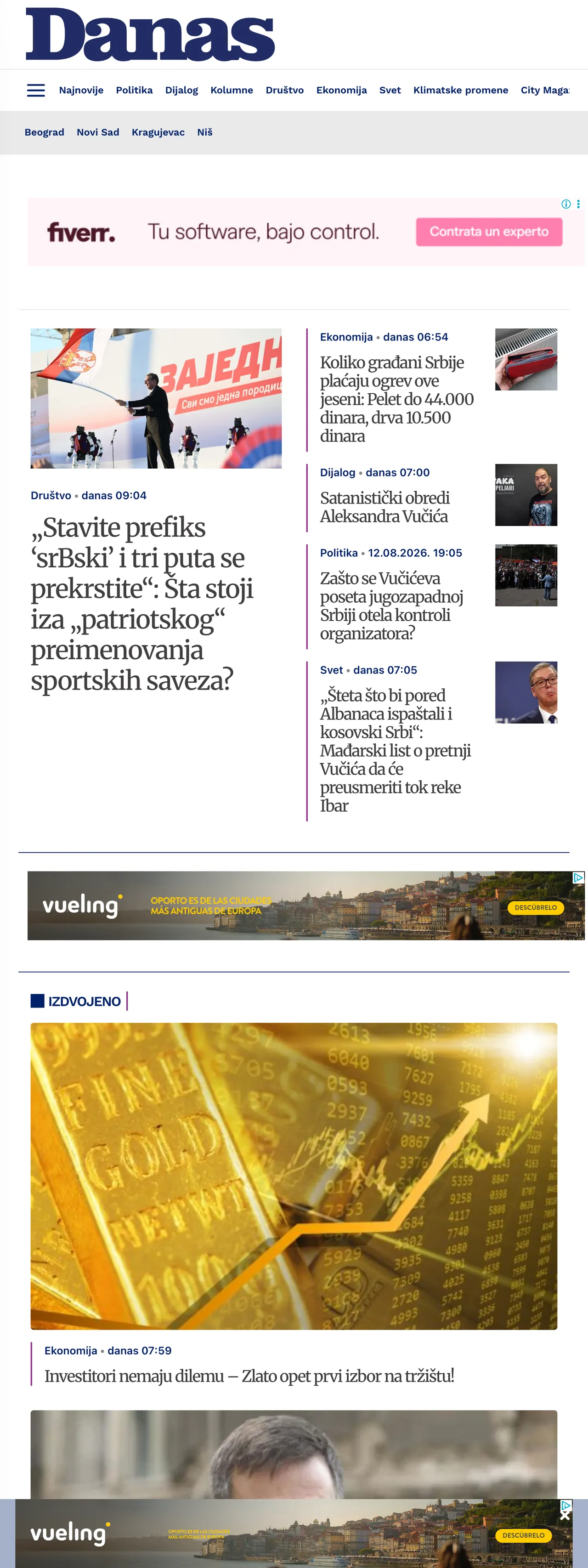 Screenshot of the Danas front page