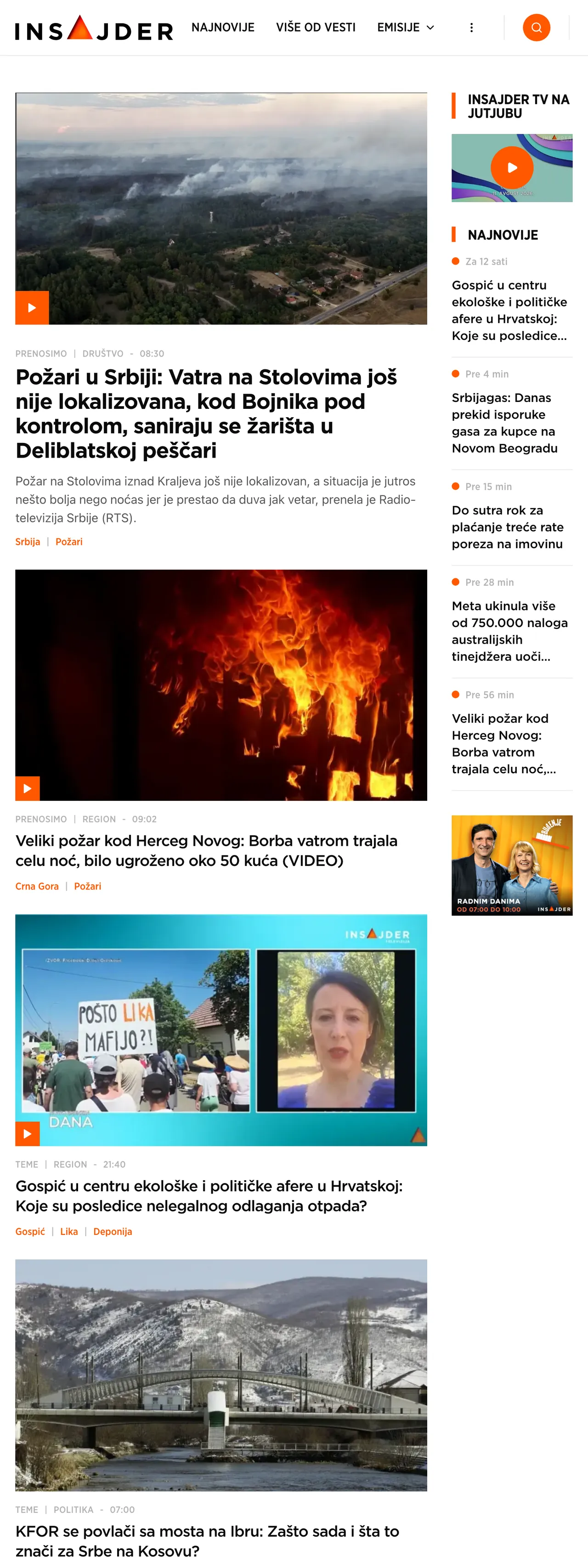 Screenshot of the Insajder front page