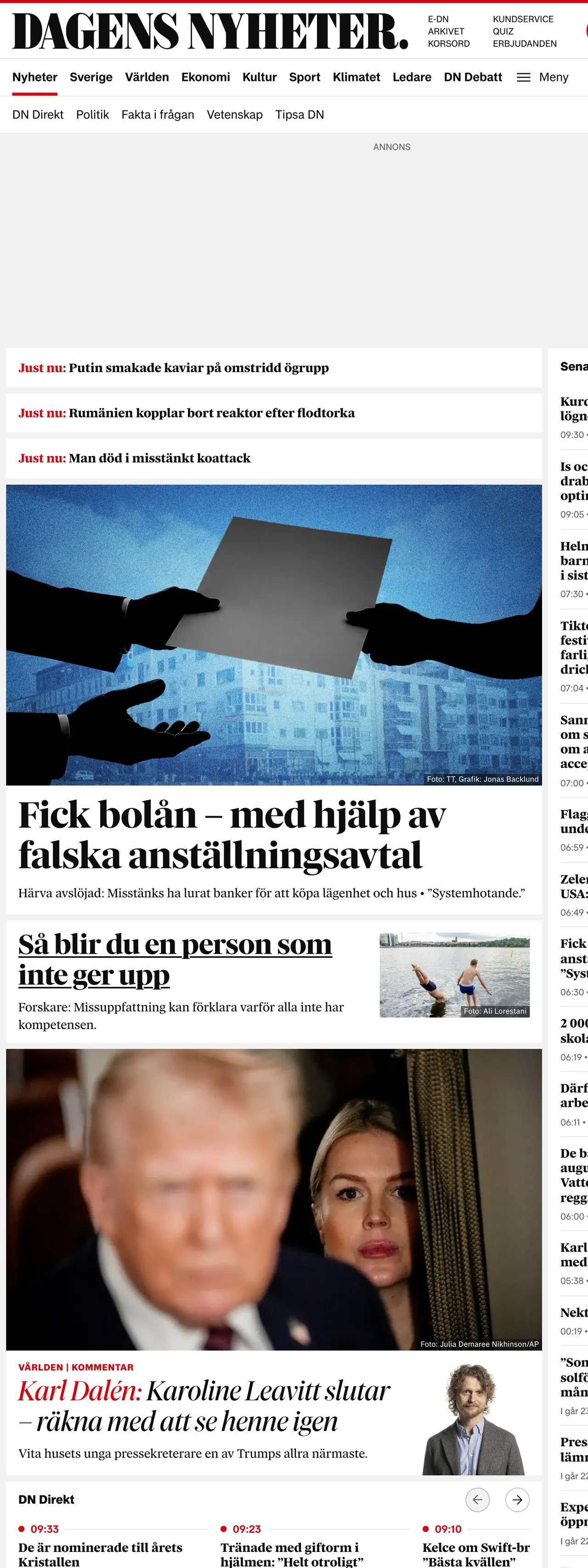 Screenshot of the Dagens Nyheter front page