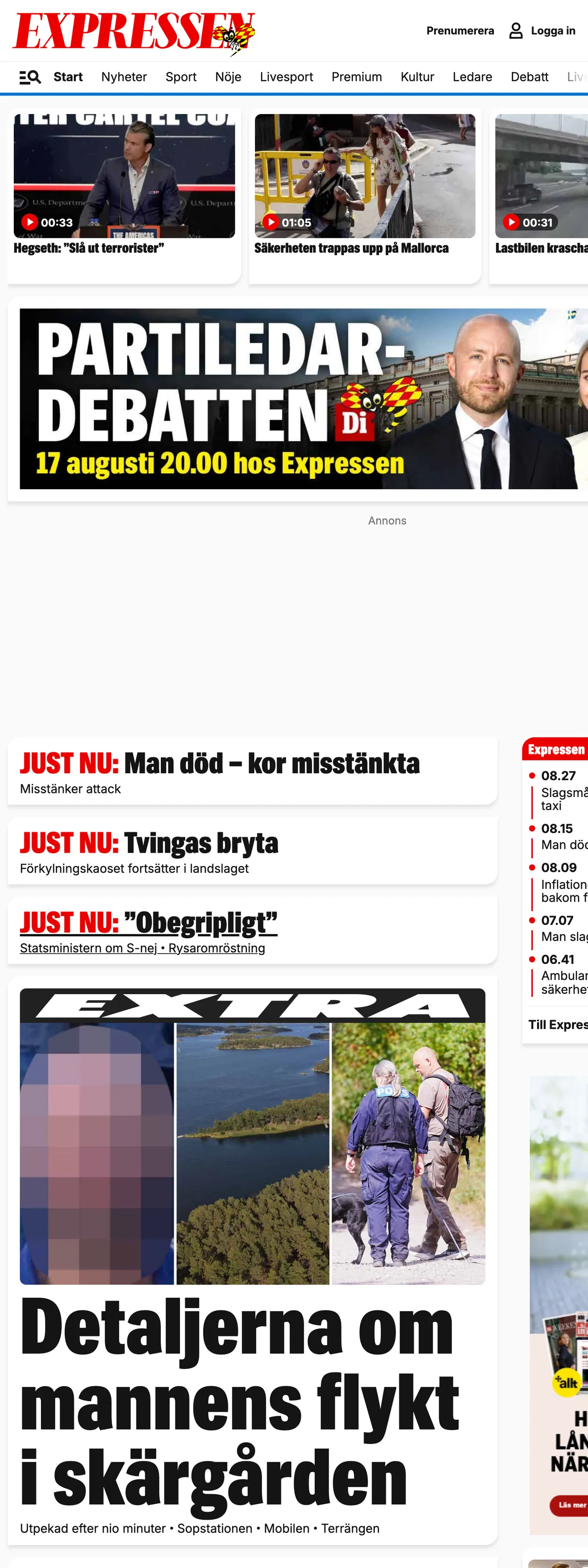 Screenshot of the Expressen front page