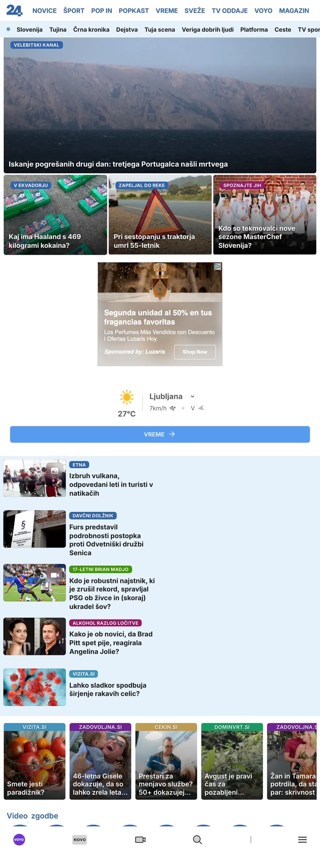 Screenshot of the 24ur front page