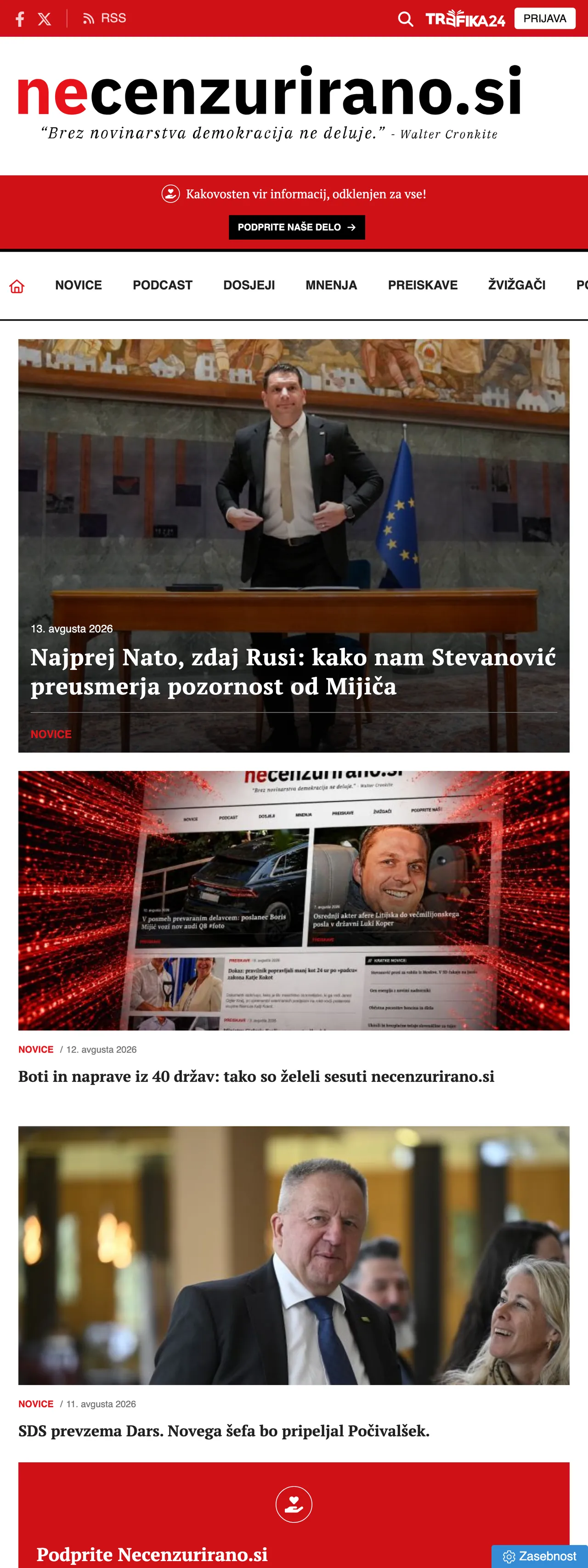 Screenshot of the Necenzurirano front page