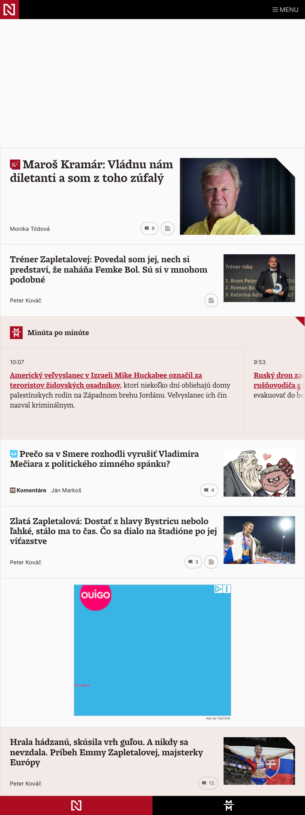 Screenshot of the Denník N front page