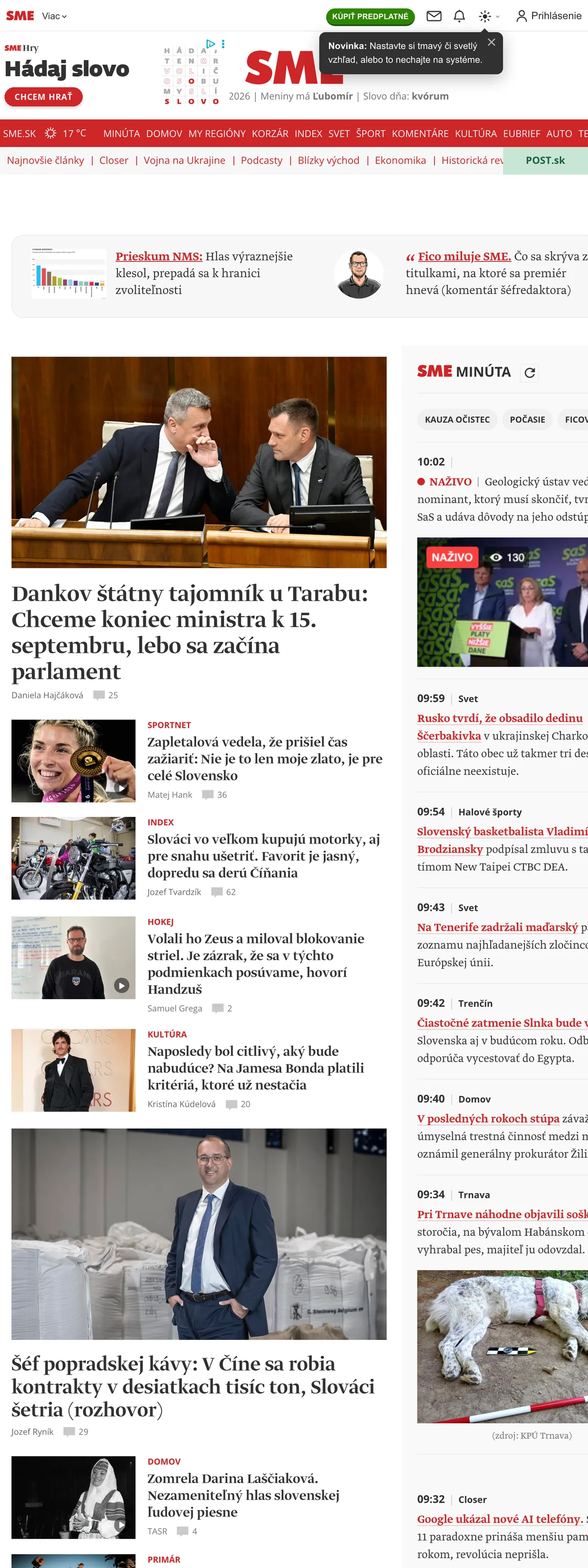 Screenshot of the SME front page