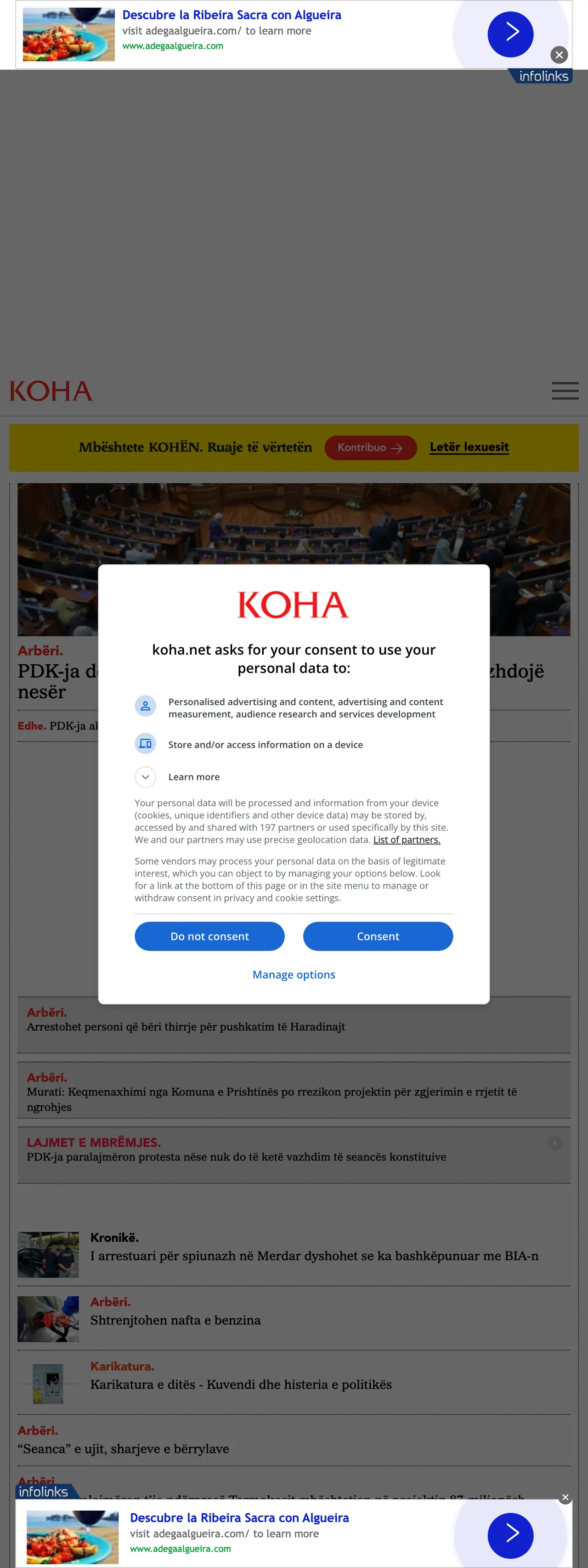 Screenshot of the Koha Ditore front page