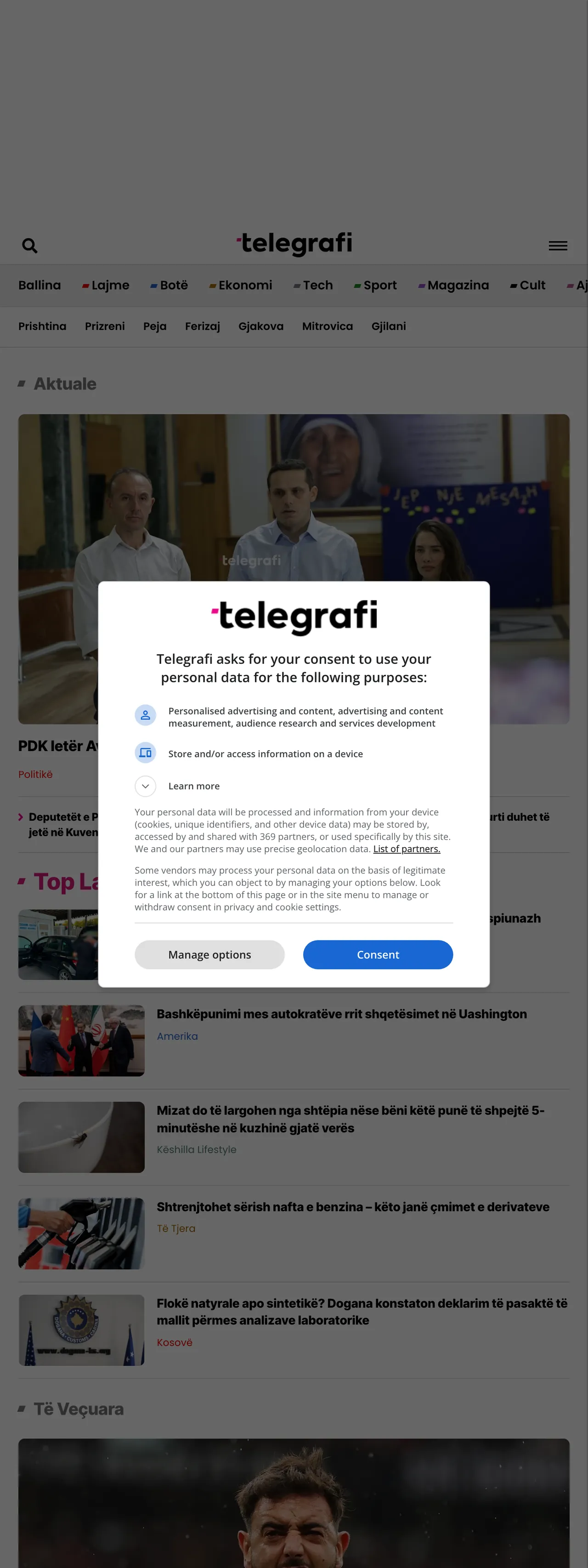 Screenshot of the Telegrafi front page