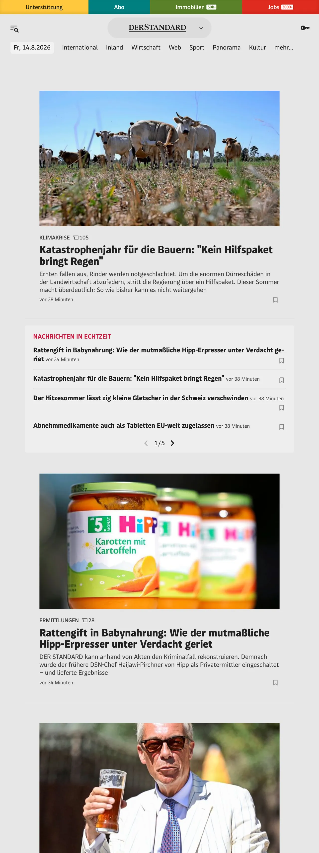 Screenshot of the DER STANDARD front page