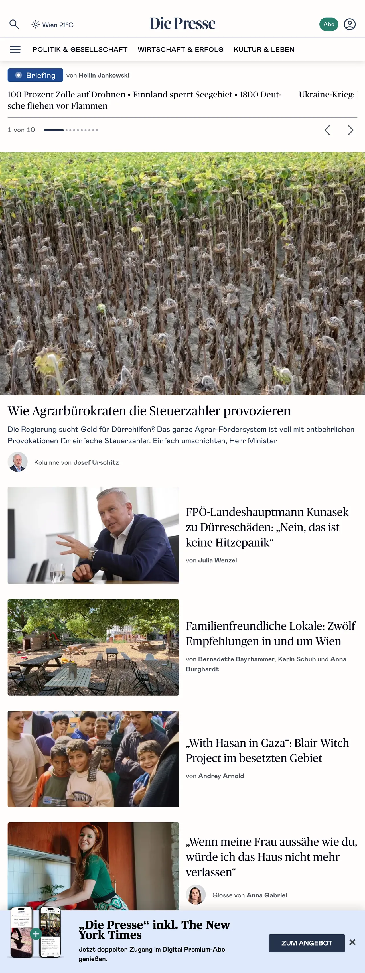 Screenshot of the Die Presse front page