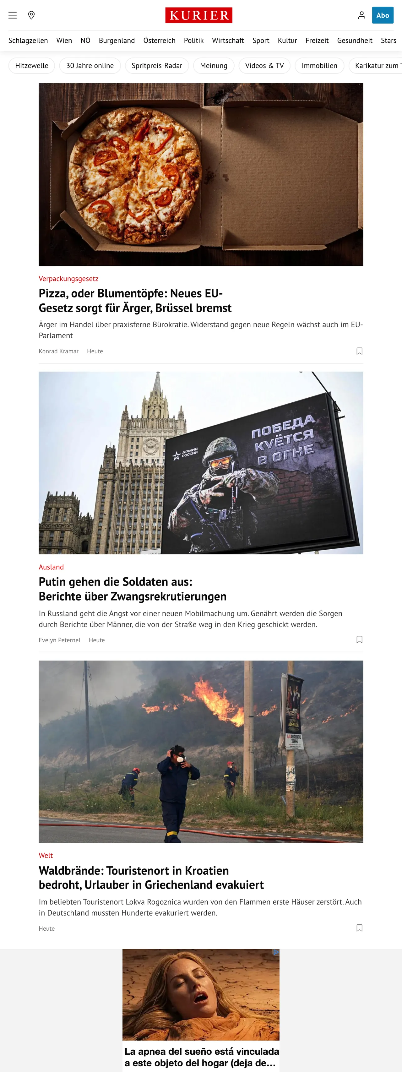 Screenshot of the Kurier front page