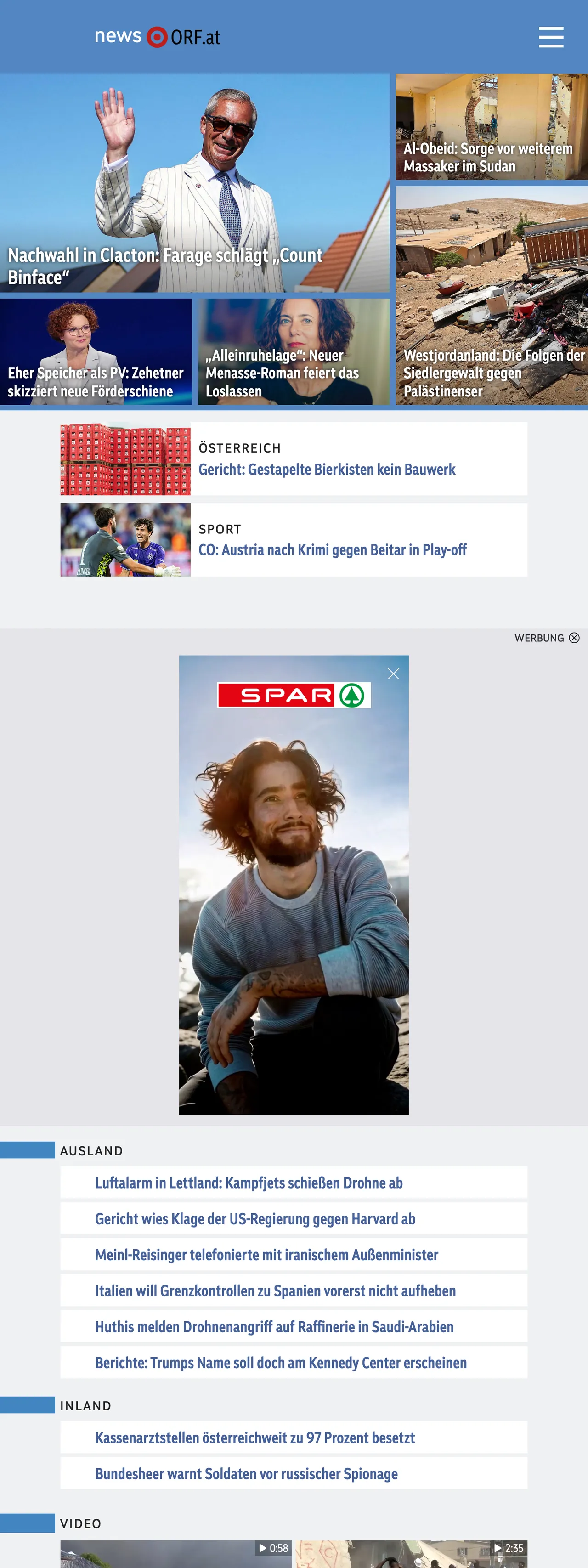 Screenshot of the ORF front page