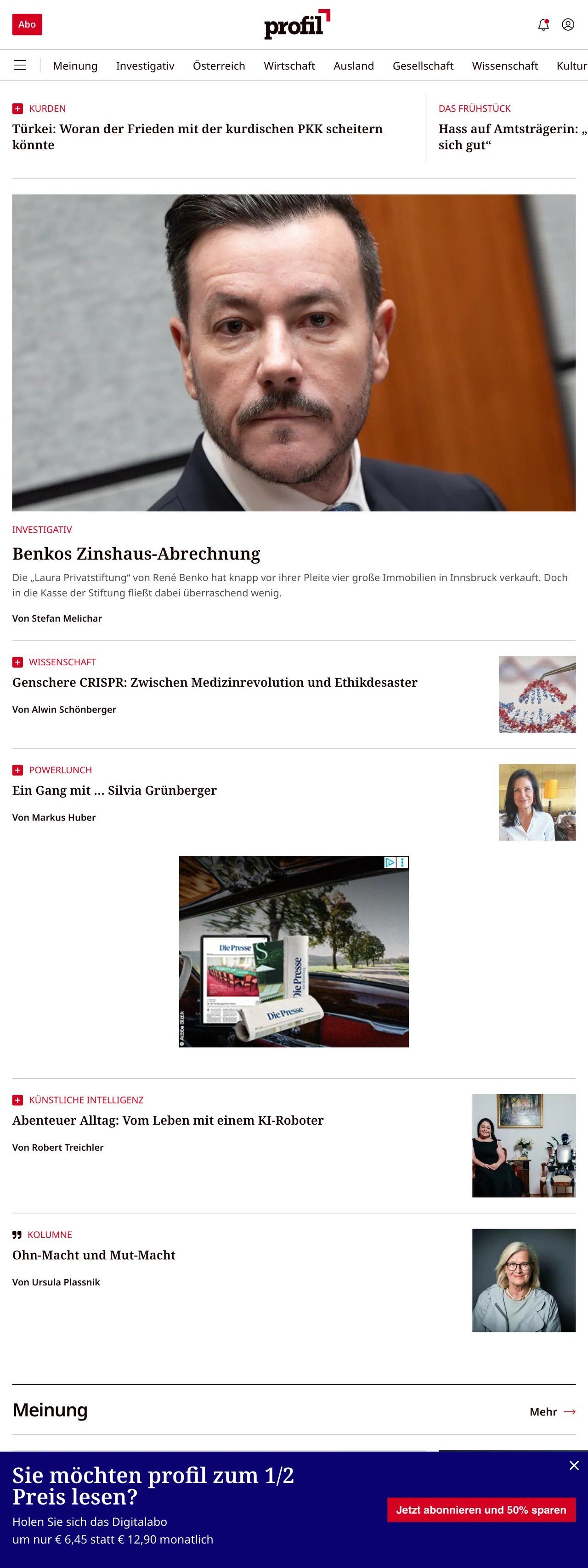 Screenshot of the profil front page