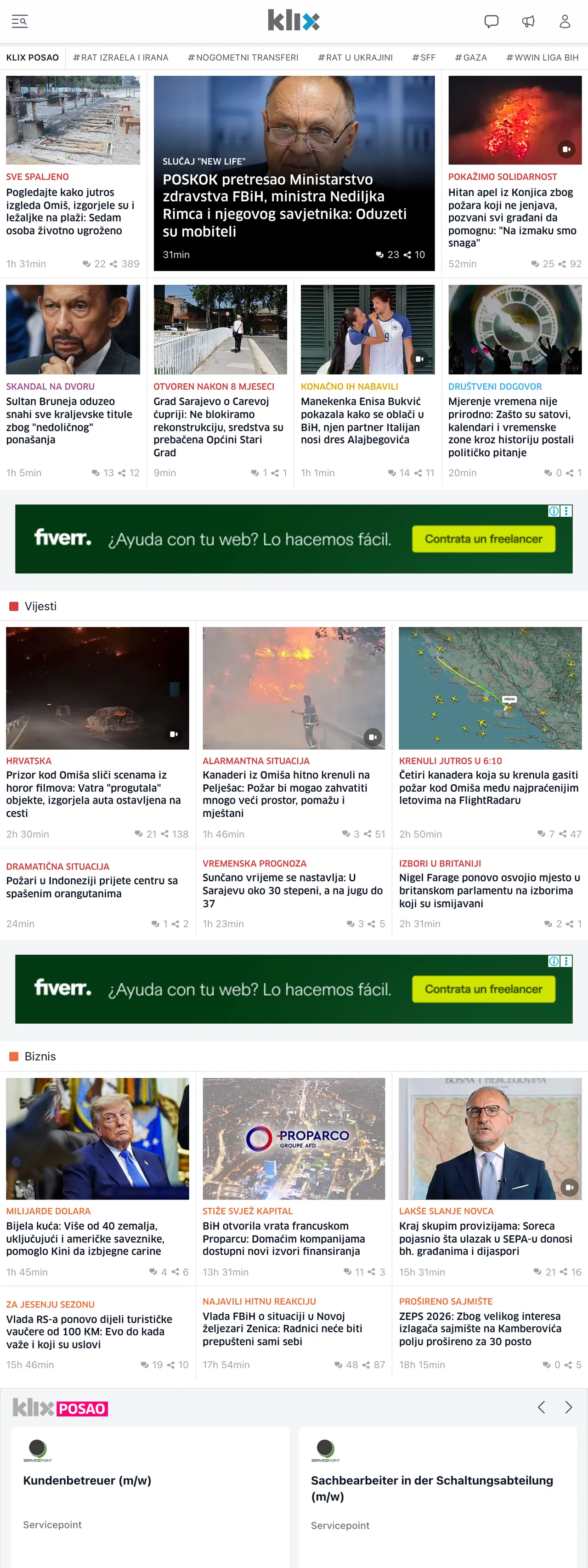 Screenshot of the Klix.ba front page