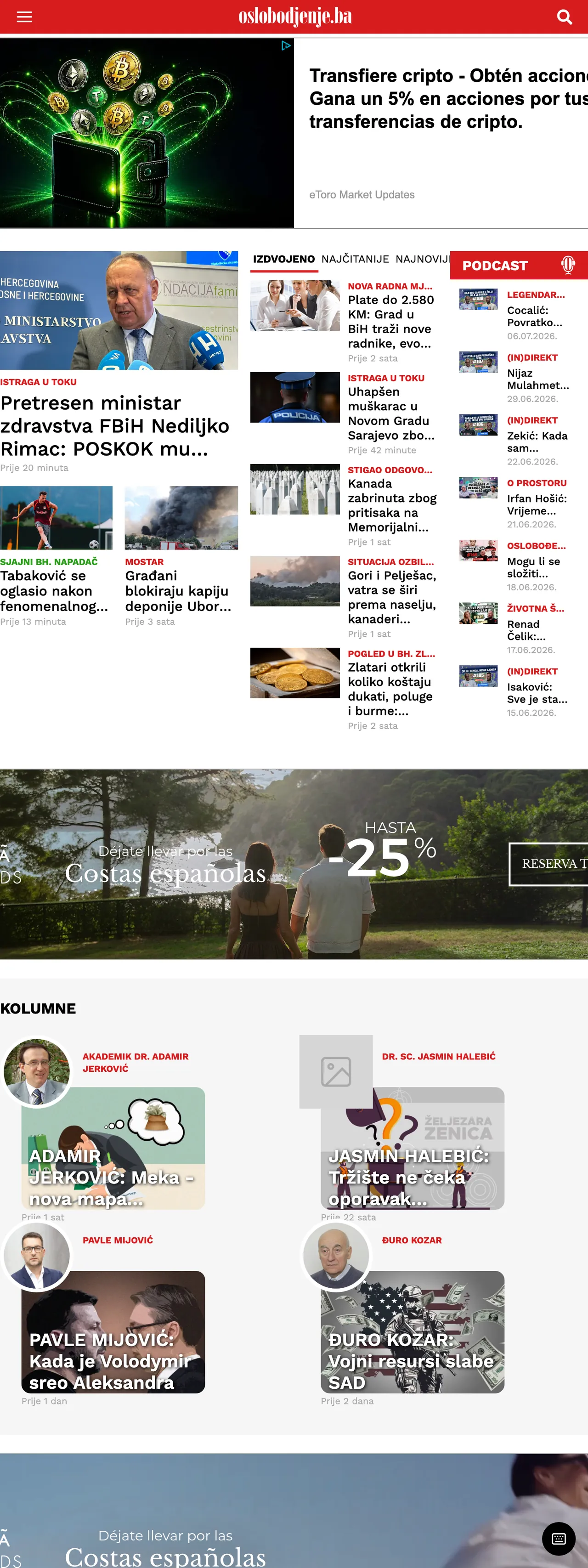 Screenshot of the Oslobođenje front page