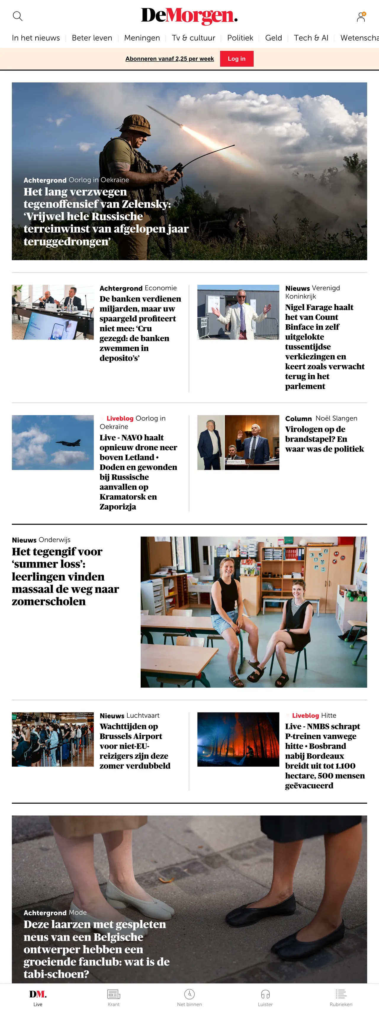 Screenshot of the De Morgen front page