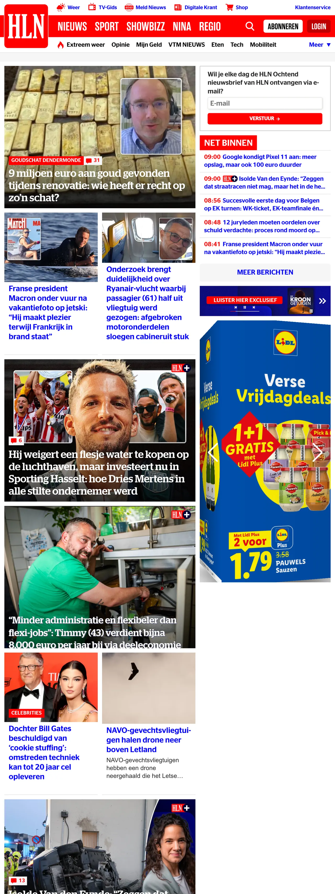 Screenshot of the HLN front page