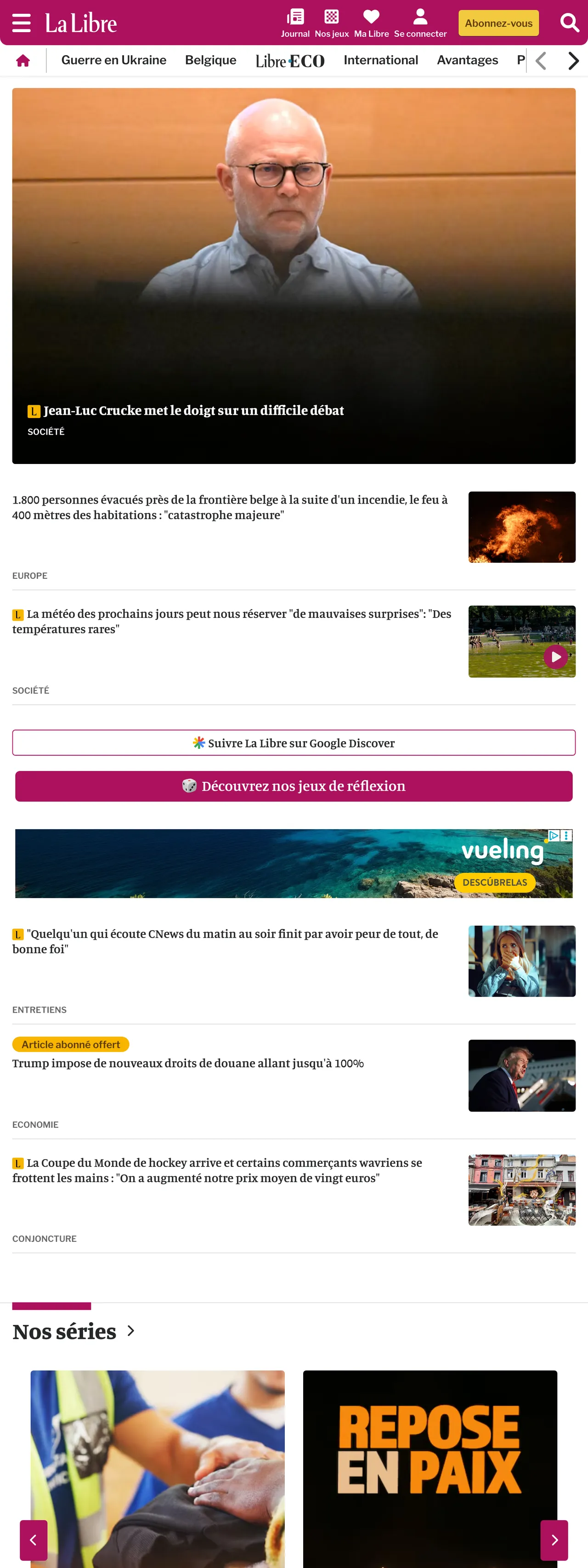 Screenshot of the La Libre front page