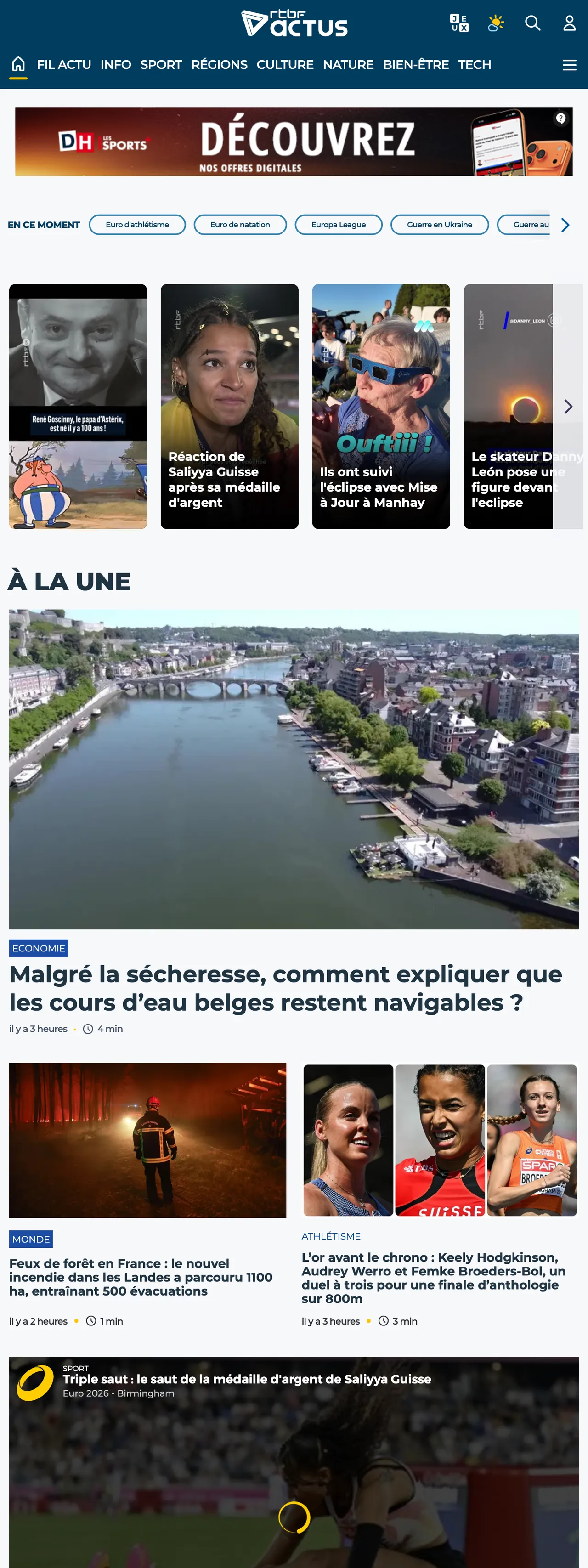 Screenshot of the RTBF front page