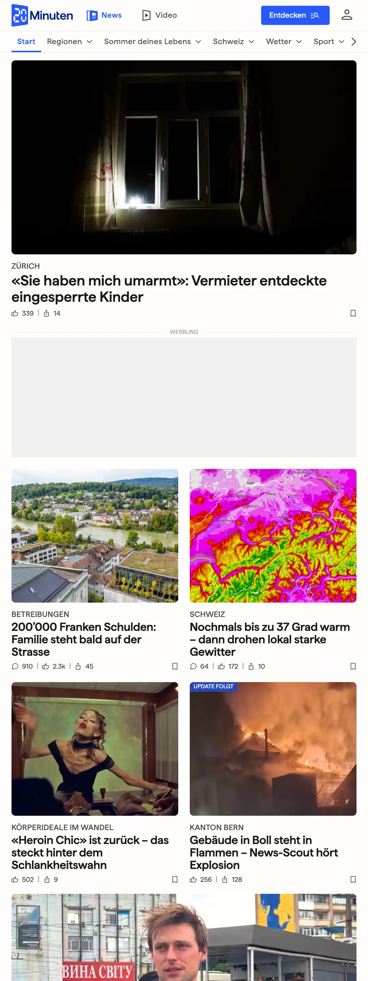 Screenshot of the 20 Minuten front page