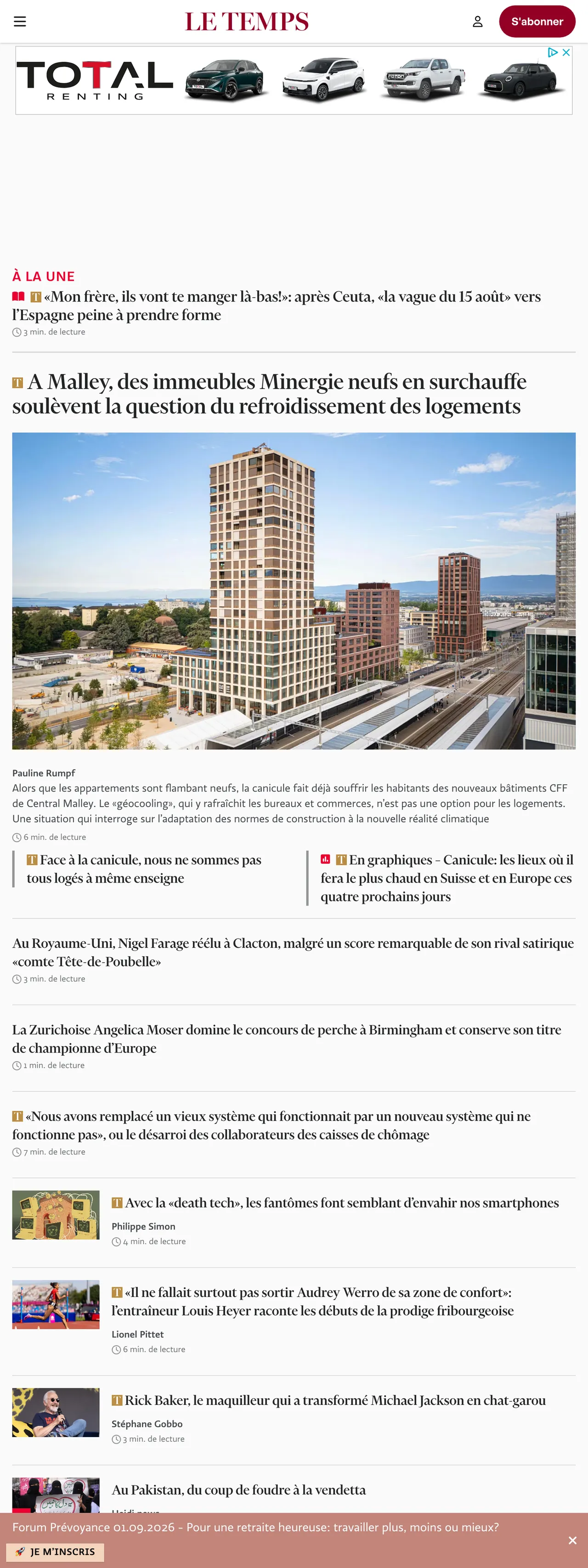 Screenshot of the Le Temps front page