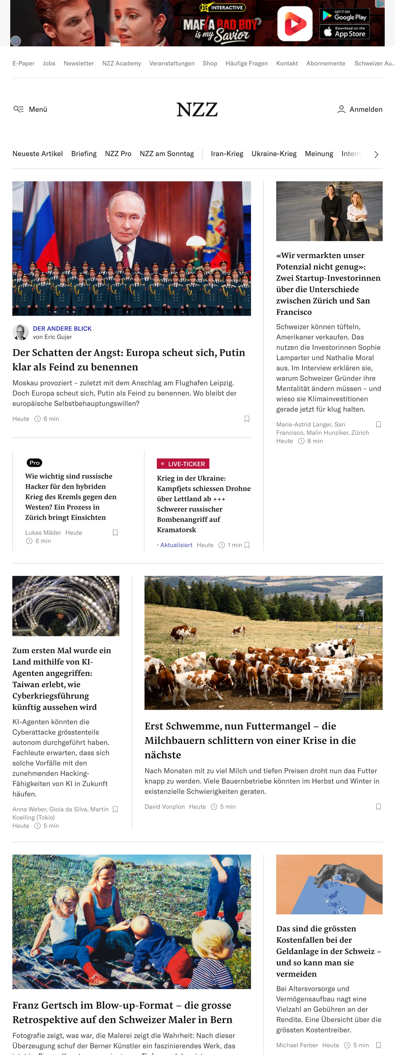 Screenshot of the Neue Zürcher Zeitung front page