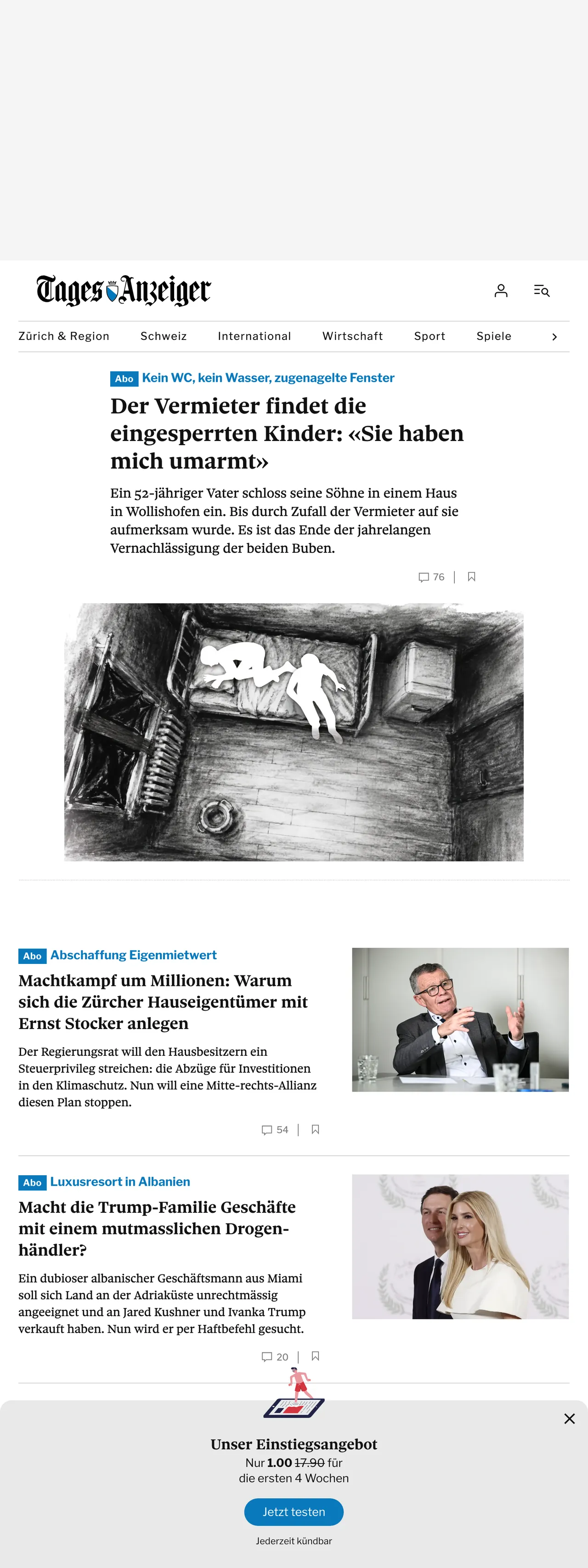 Screenshot of the Tages-Anzeiger front page
