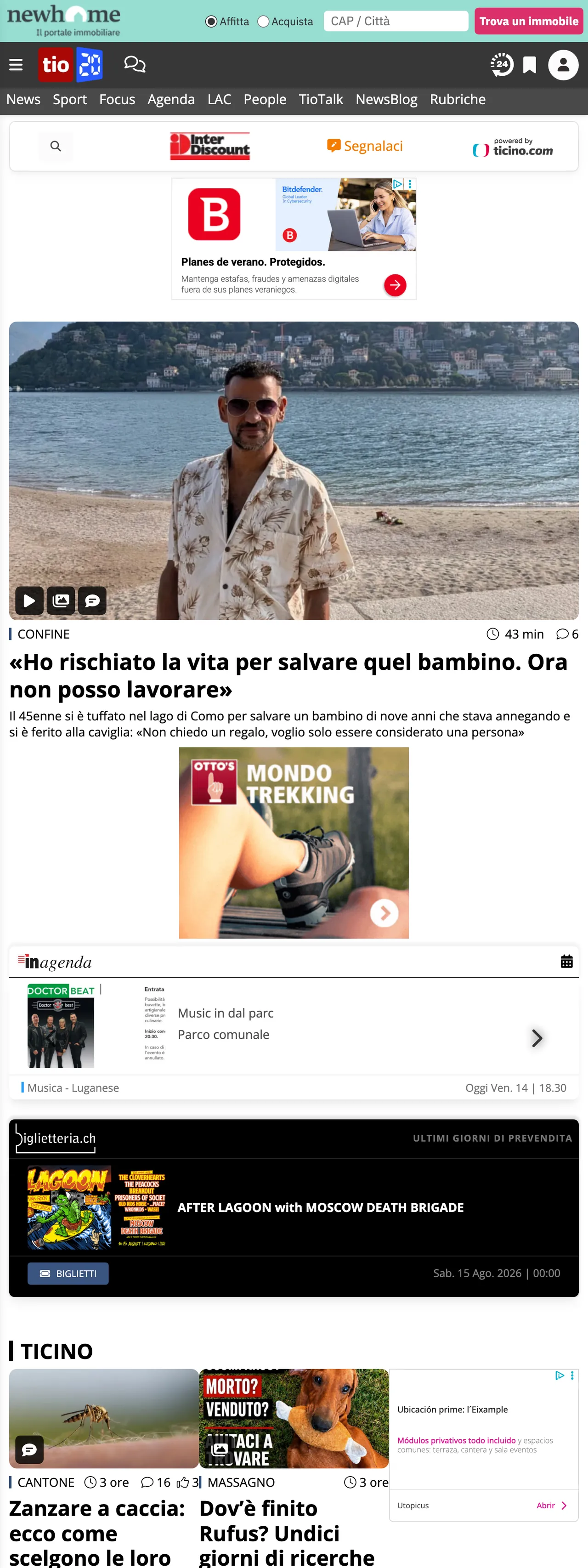 Screenshot of the Ticinonline front page