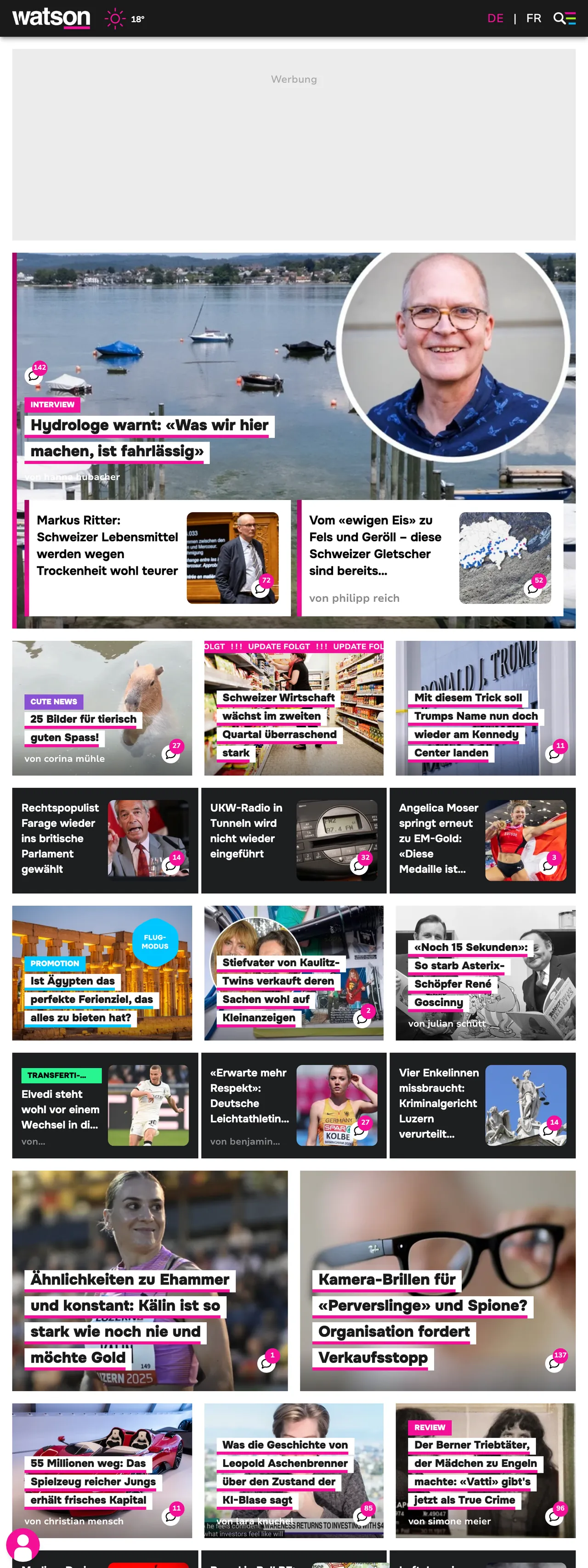 Screenshot of the watson front page