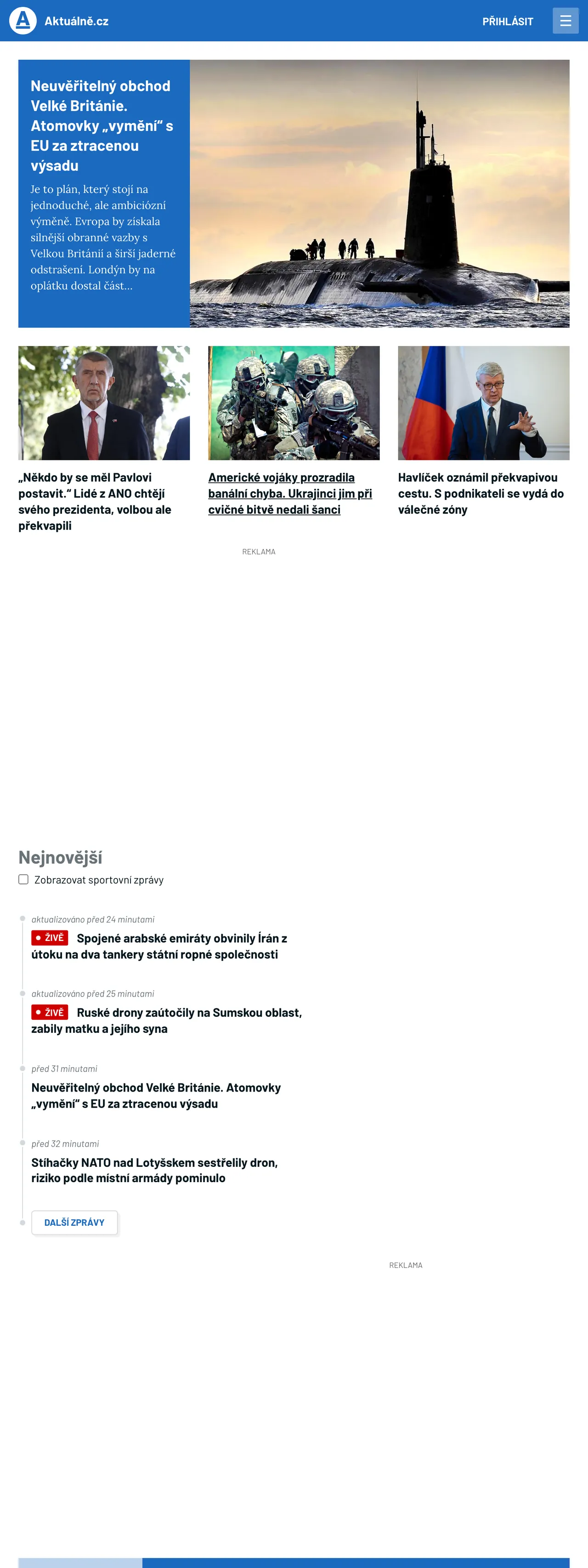 Screenshot of the Aktuálně.cz front page