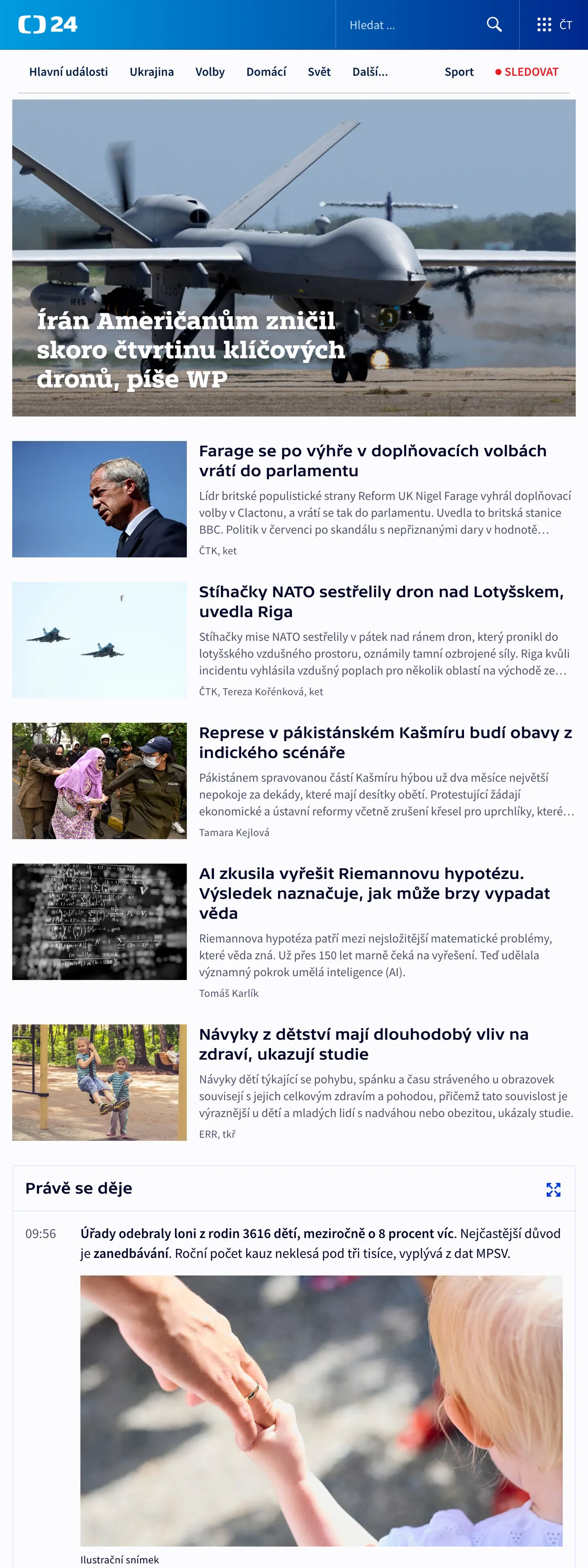 Screenshot of the ČT24 front page
