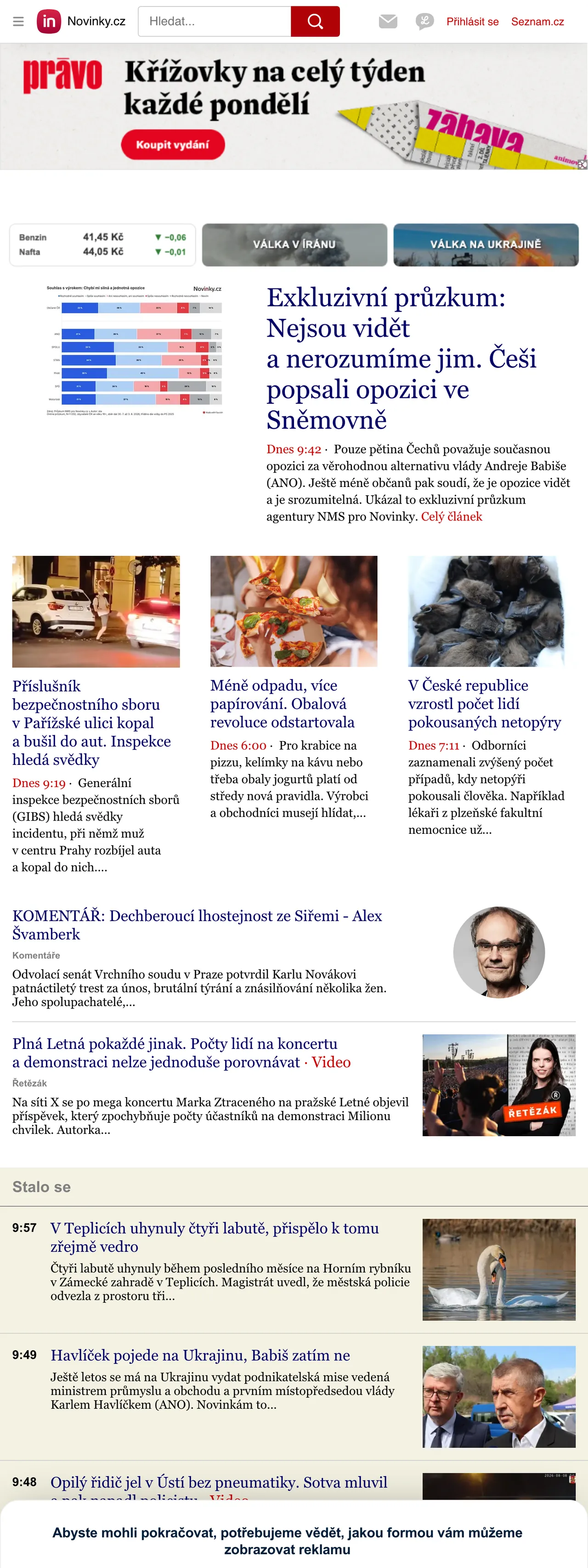 Screenshot of the Novinky.cz front page