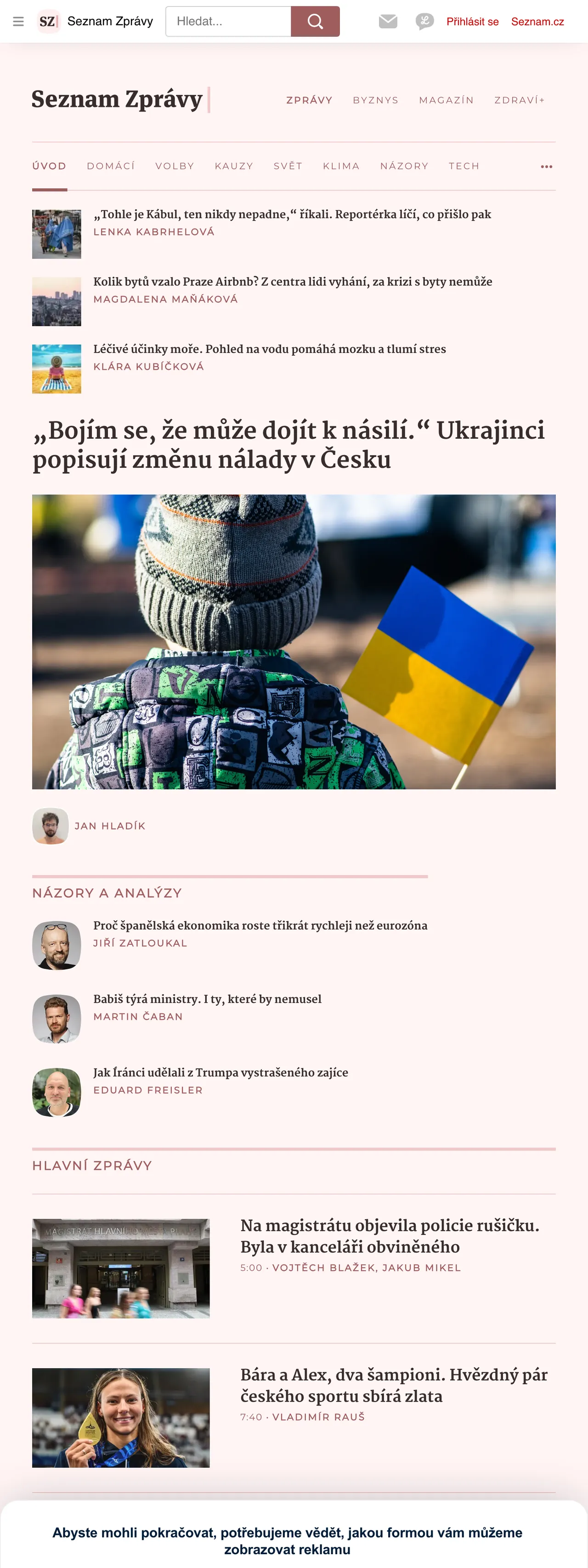 Screenshot of the Seznam Zprávy front page