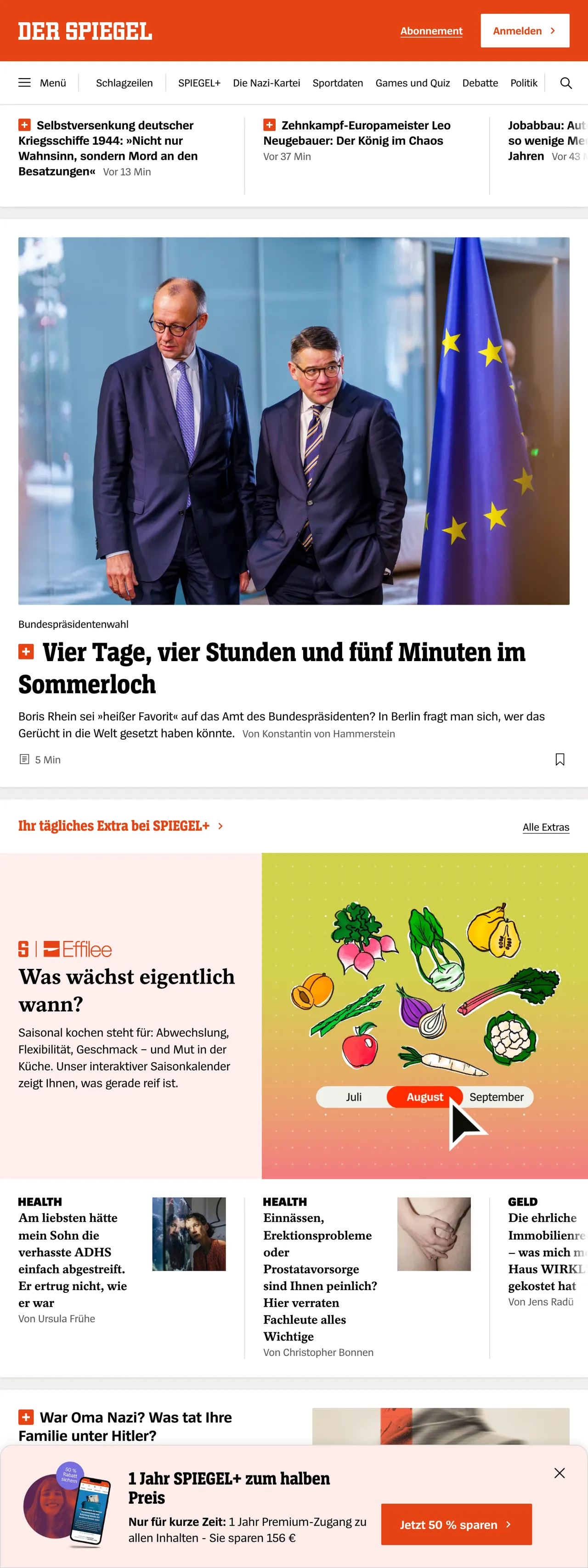 Screenshot of the DER SPIEGEL front page
