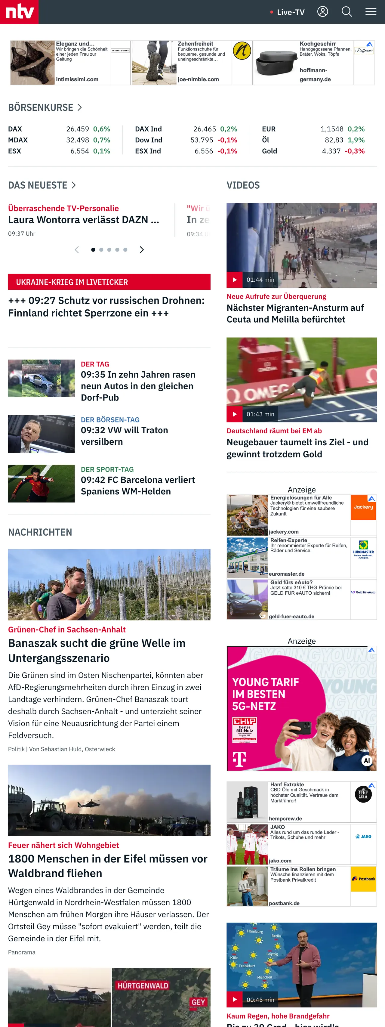 Screenshot of the n-tv front page