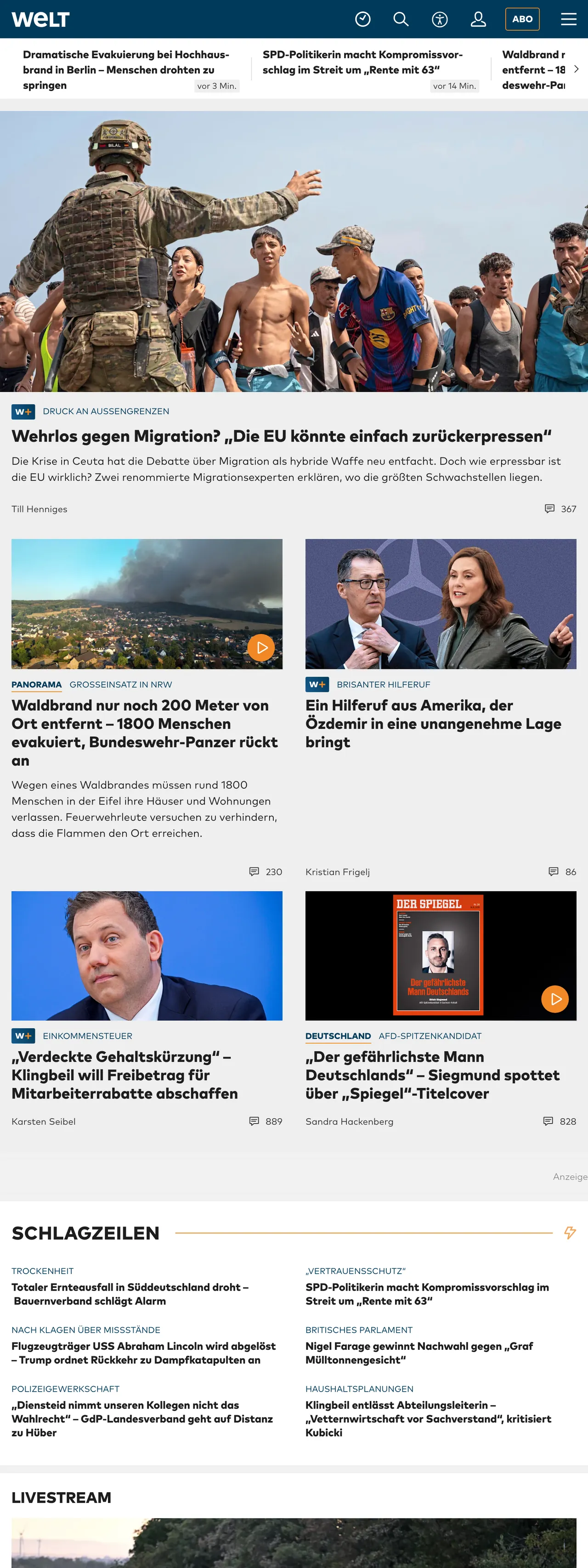 Screenshot of the WELT front page