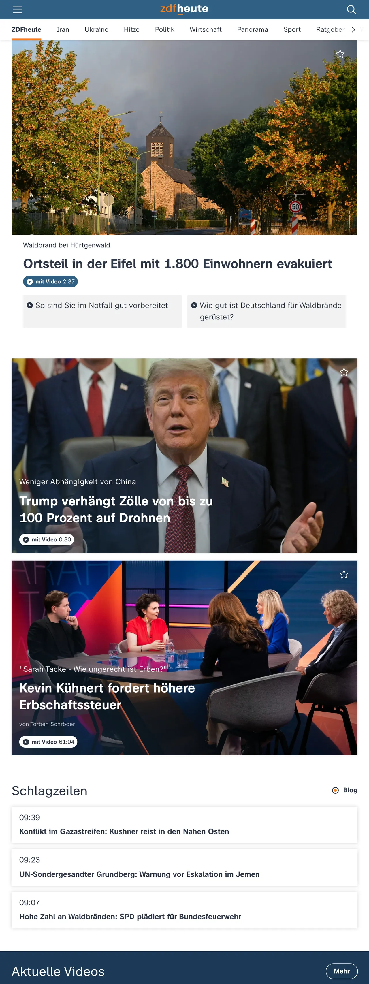 Screenshot of the ZDFheute front page