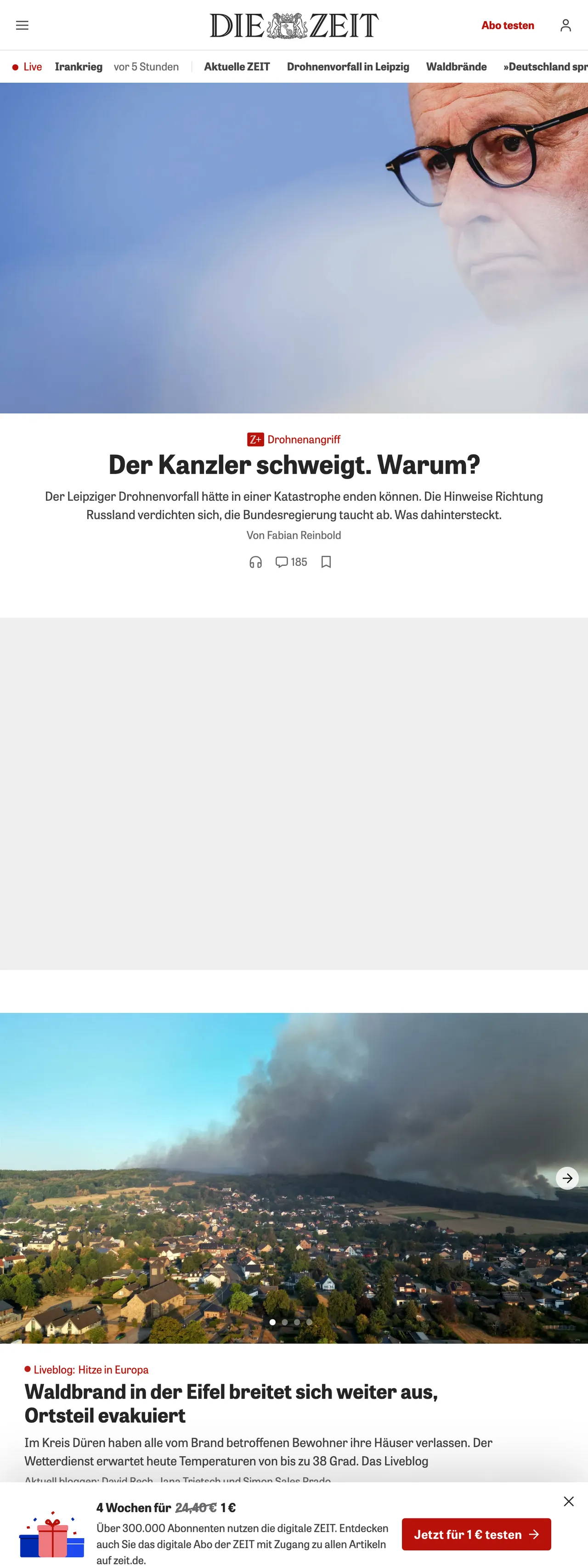 Screenshot of the ZEIT ONLINE front page