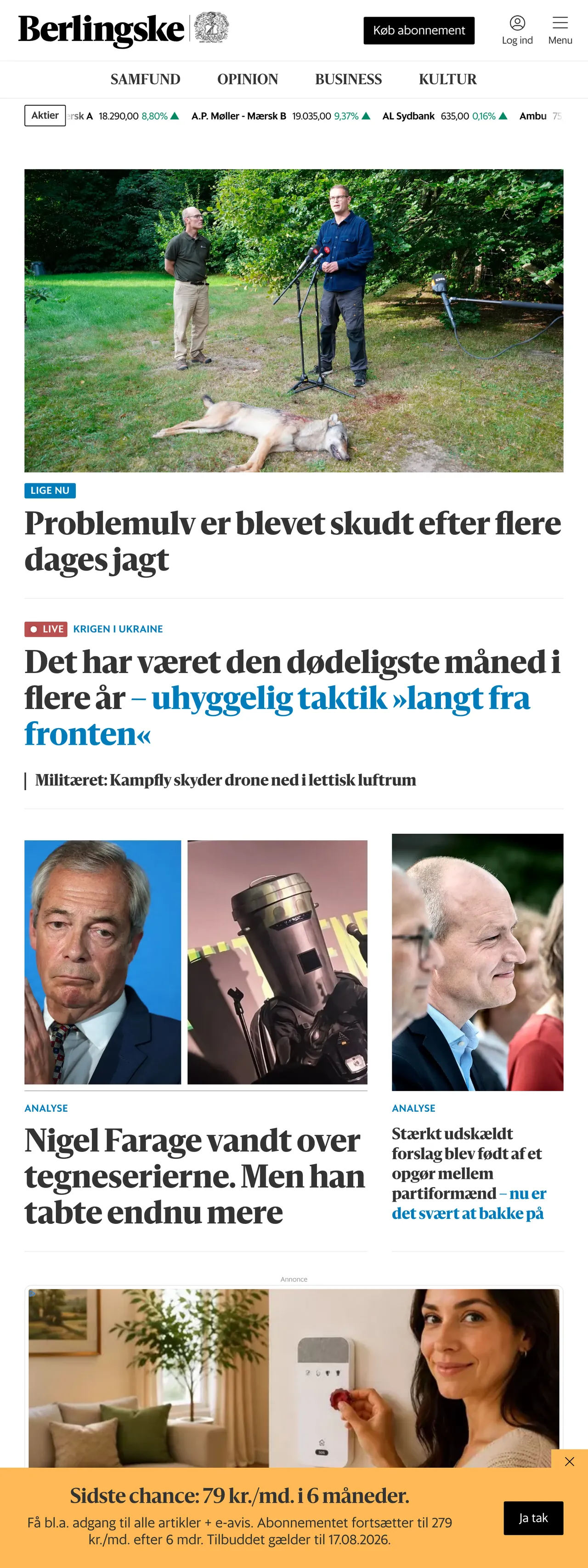 Screenshot of the Berlingske front page