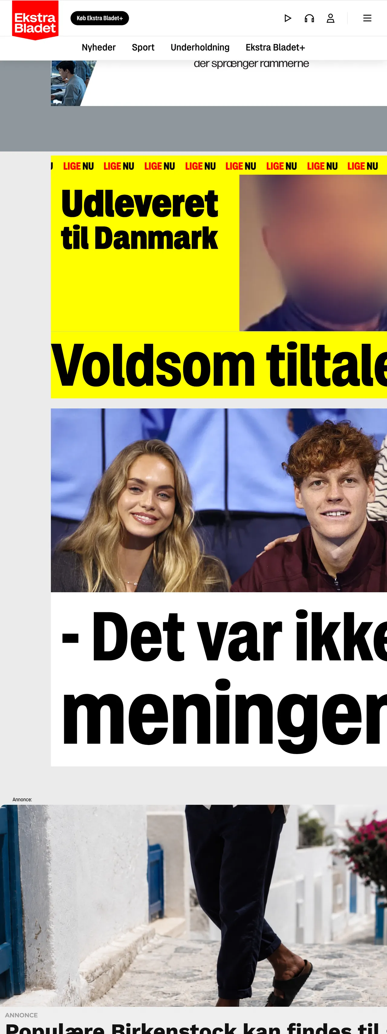 Screenshot of the Ekstra Bladet front page