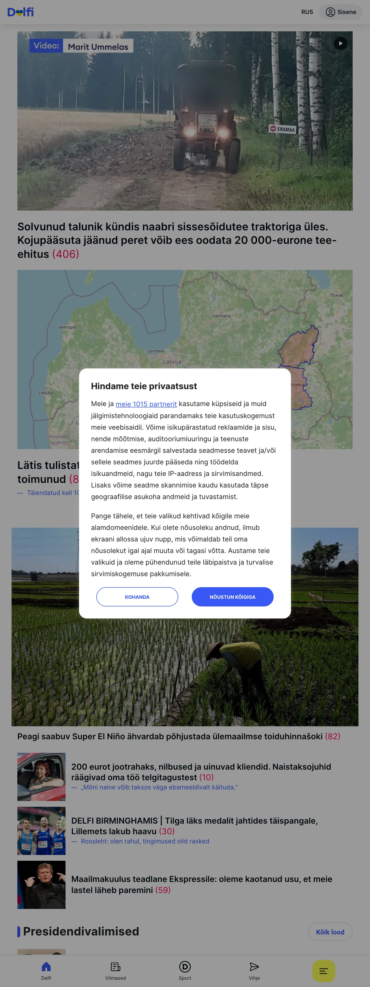 Screenshot of the Delfi front page
