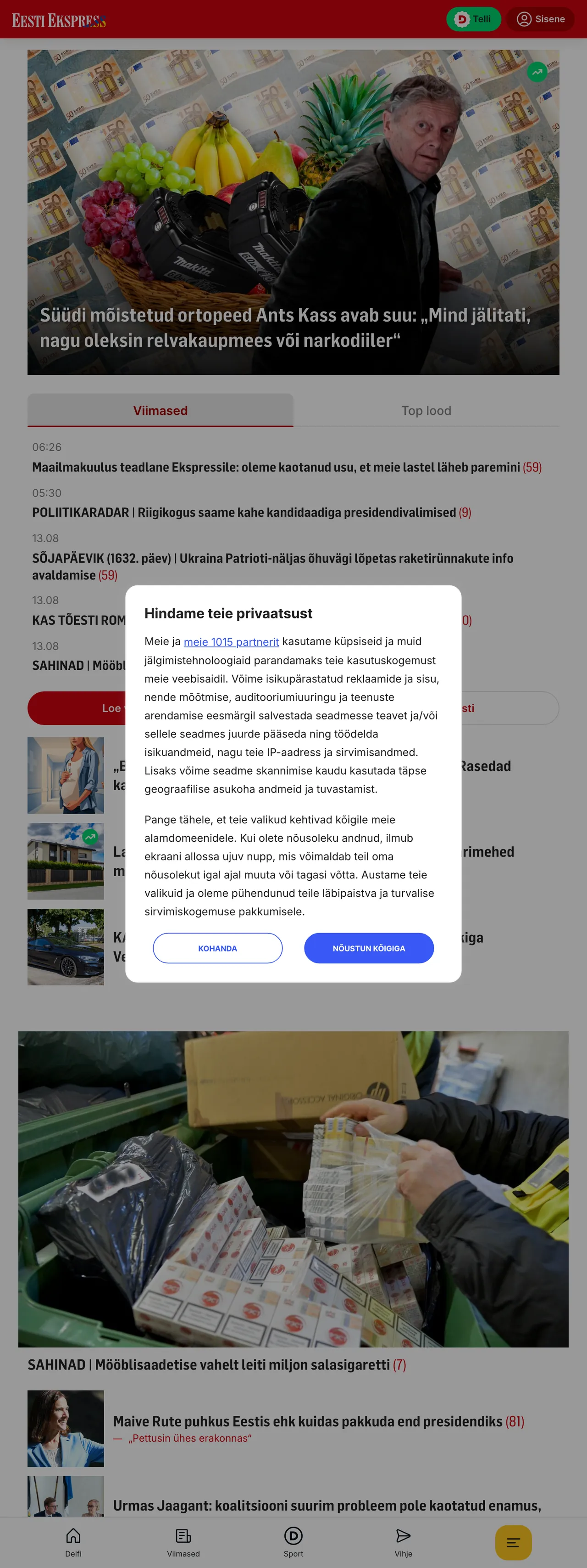 Screenshot of the Eesti Ekspress front page